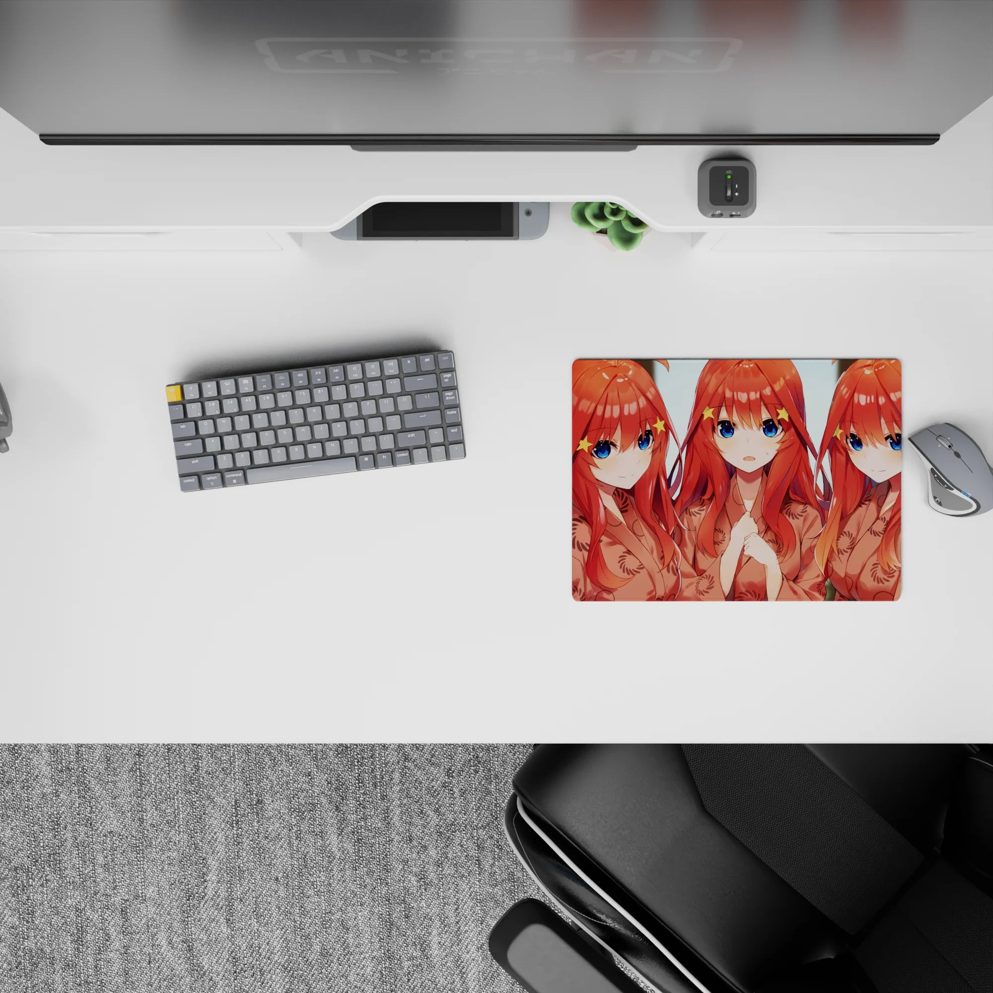 Bright peach and orange anime girl mouse pad 14x10 inches, cozy selfie vibe, playful faces, smooth glide.