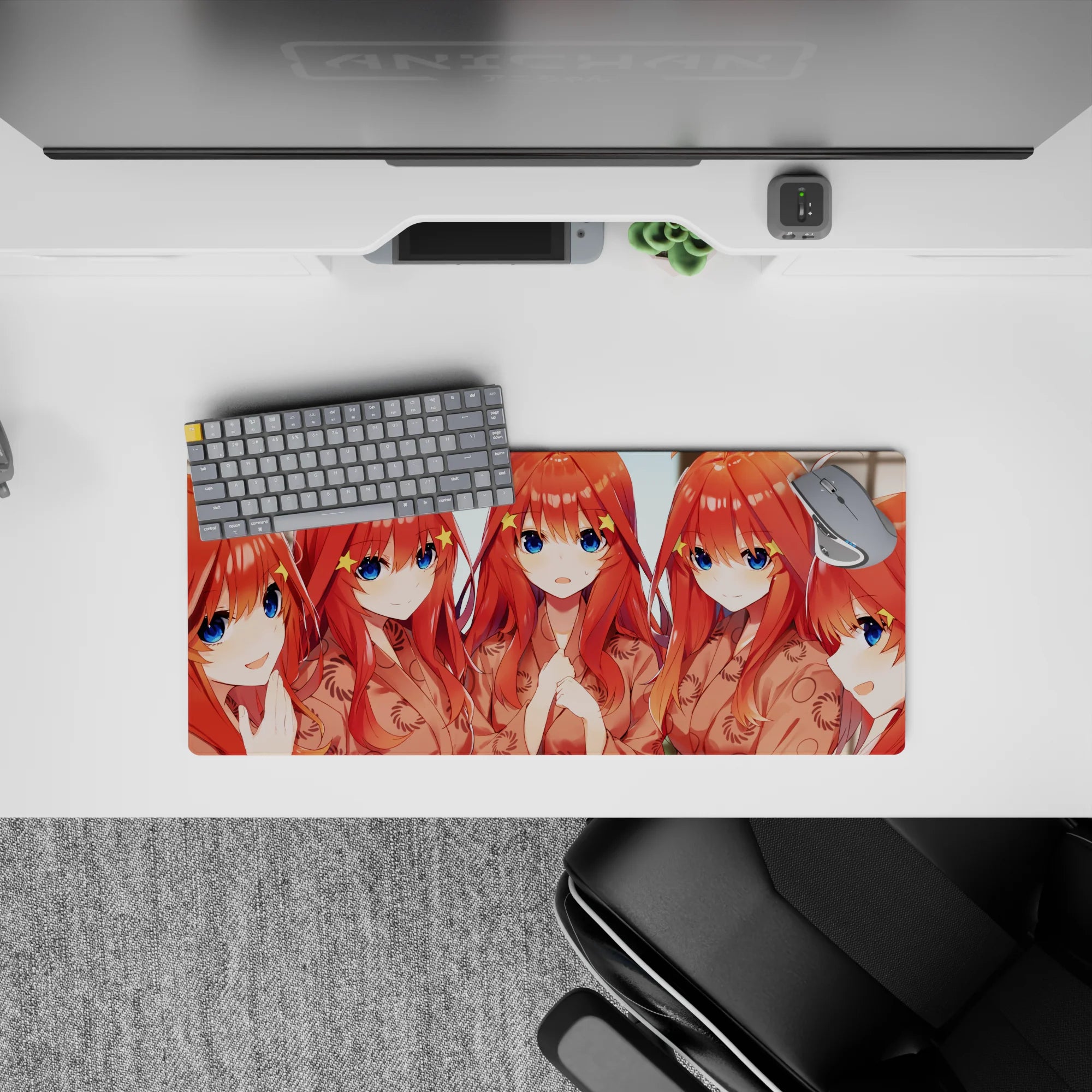 28x12 inches anime girl mouse pad in warm peach and orange tones, cozy cheerful selfie vibe, smooth glide.