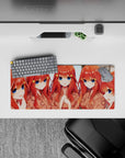 28x12 inches anime girl mouse pad in warm peach and orange tones, cozy cheerful selfie vibe, smooth glide.