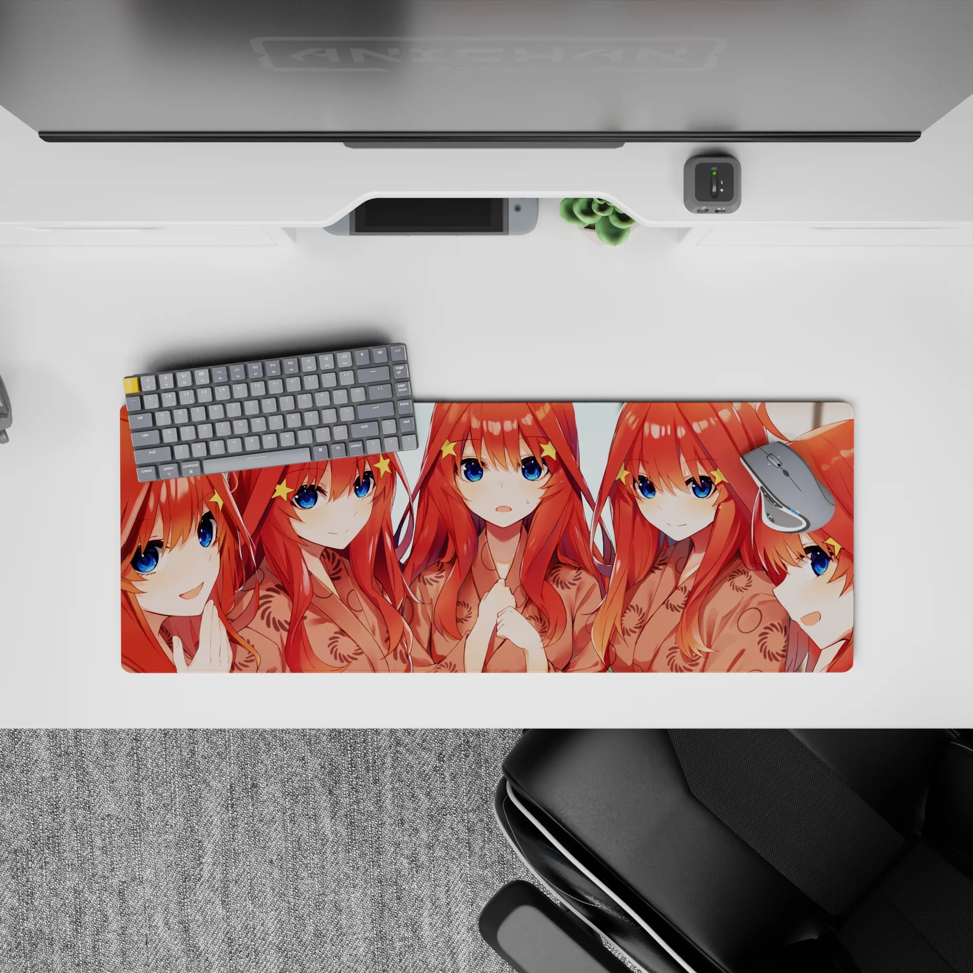 32x12 inches anime girl mouse pad in warm peach and orange tones, cheerful vibe, smooth glide.