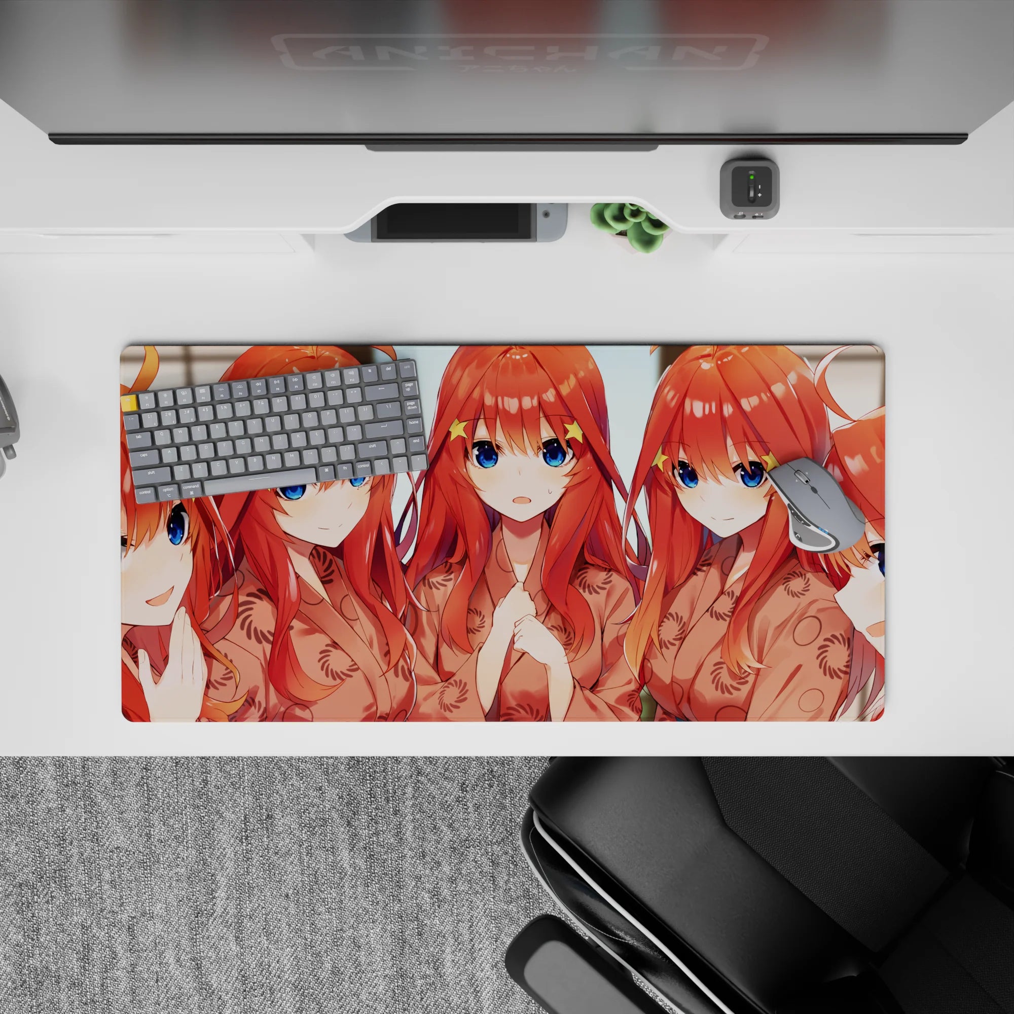 Warm peach and orange anime girl mouse pad 32x16 inches, glossy red hair, cozy selfie vibe, smooth glide.