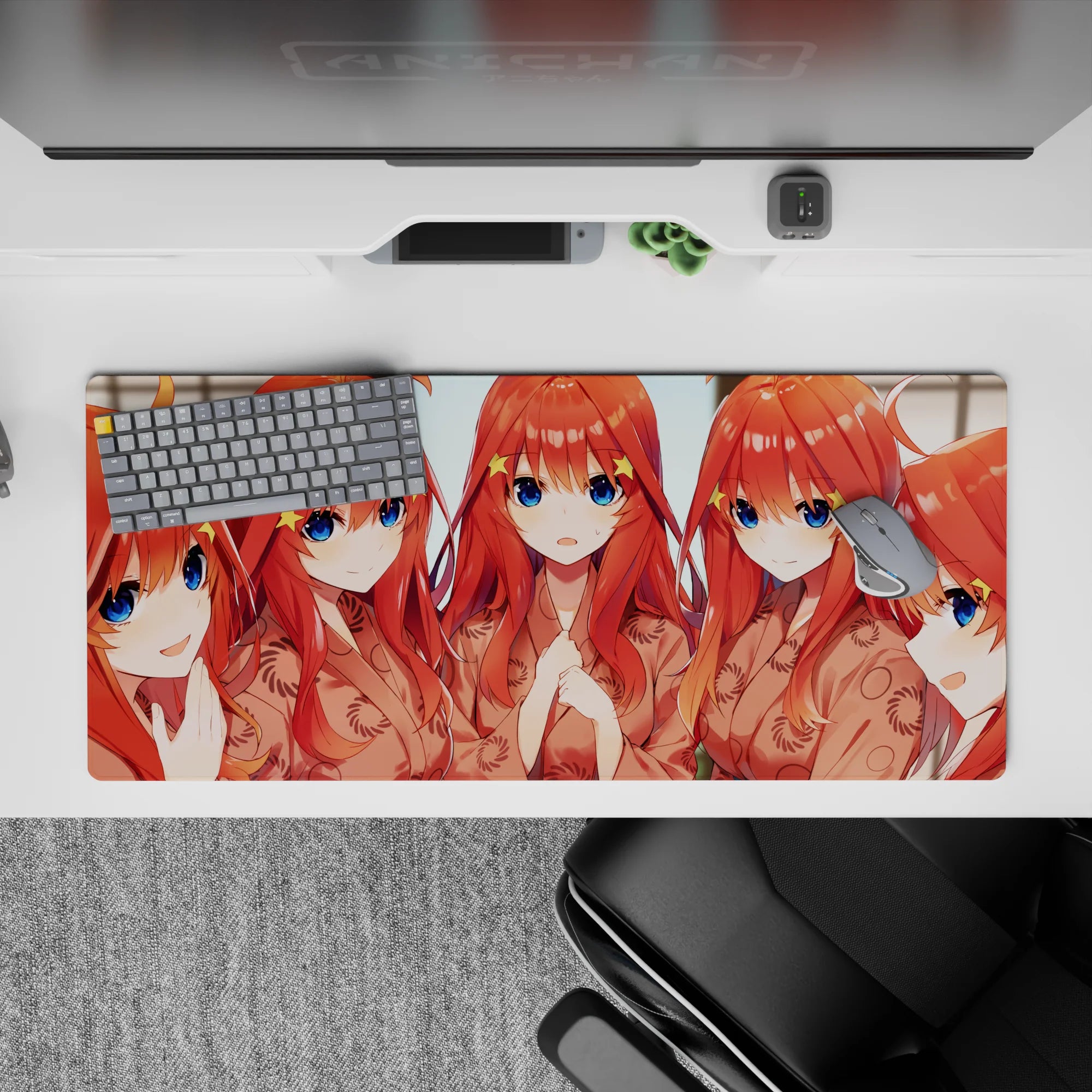 36x16 inches anime girl desk pad in warm peach and orange tones, big sapphire eyes, playful cheering mood.
