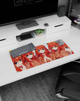 28x12 inches anime girl mouse pad showing five cute redheads in peach kimonos cheering with big sapphire eyes.