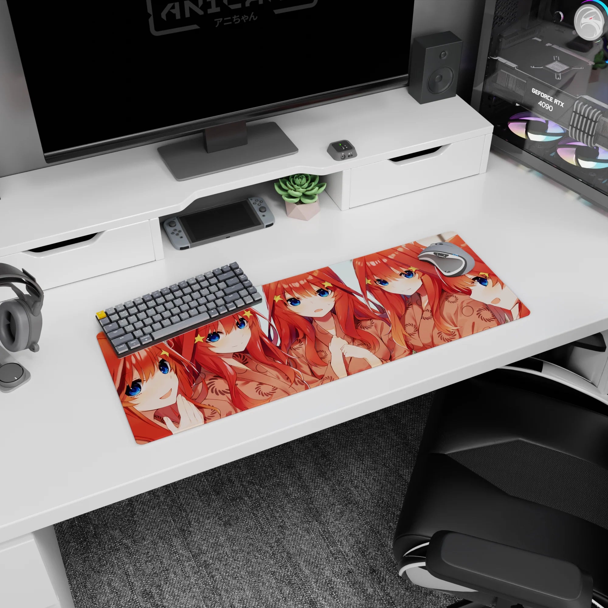 32x12 inches anime girl mouse pad showing five kawaii redheads in matching kimonos like a cozy selfie.