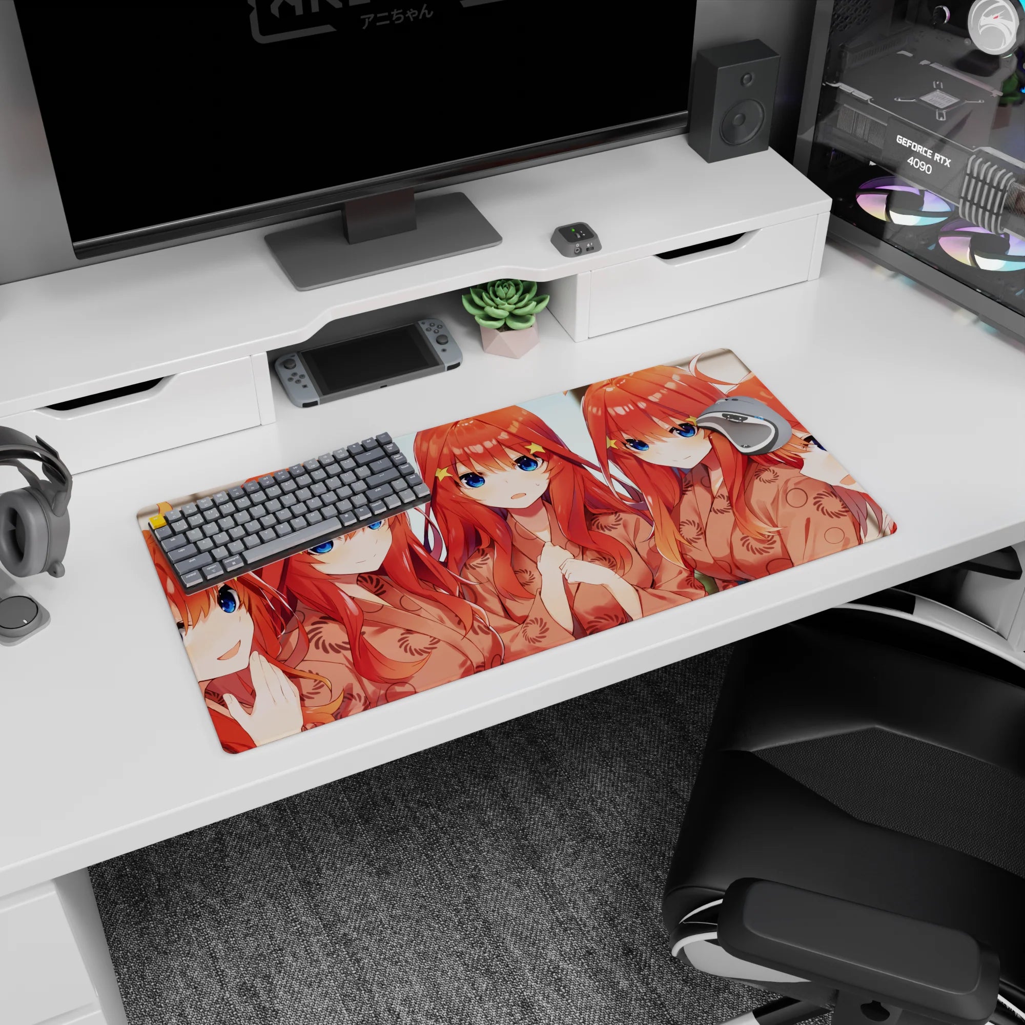 Five red-haired anime girls crowd a selfie frame on a mouse pad 32x16 inches, star clips, mixed expressions.