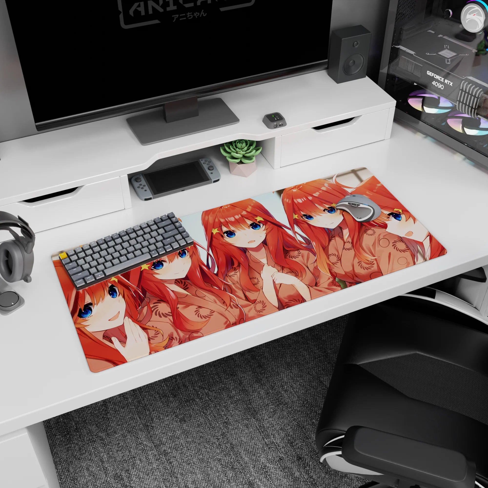 36x16 inches anime girl desk pad showing five cute redheads in a cozy selfie pose, shy to surprised faces.