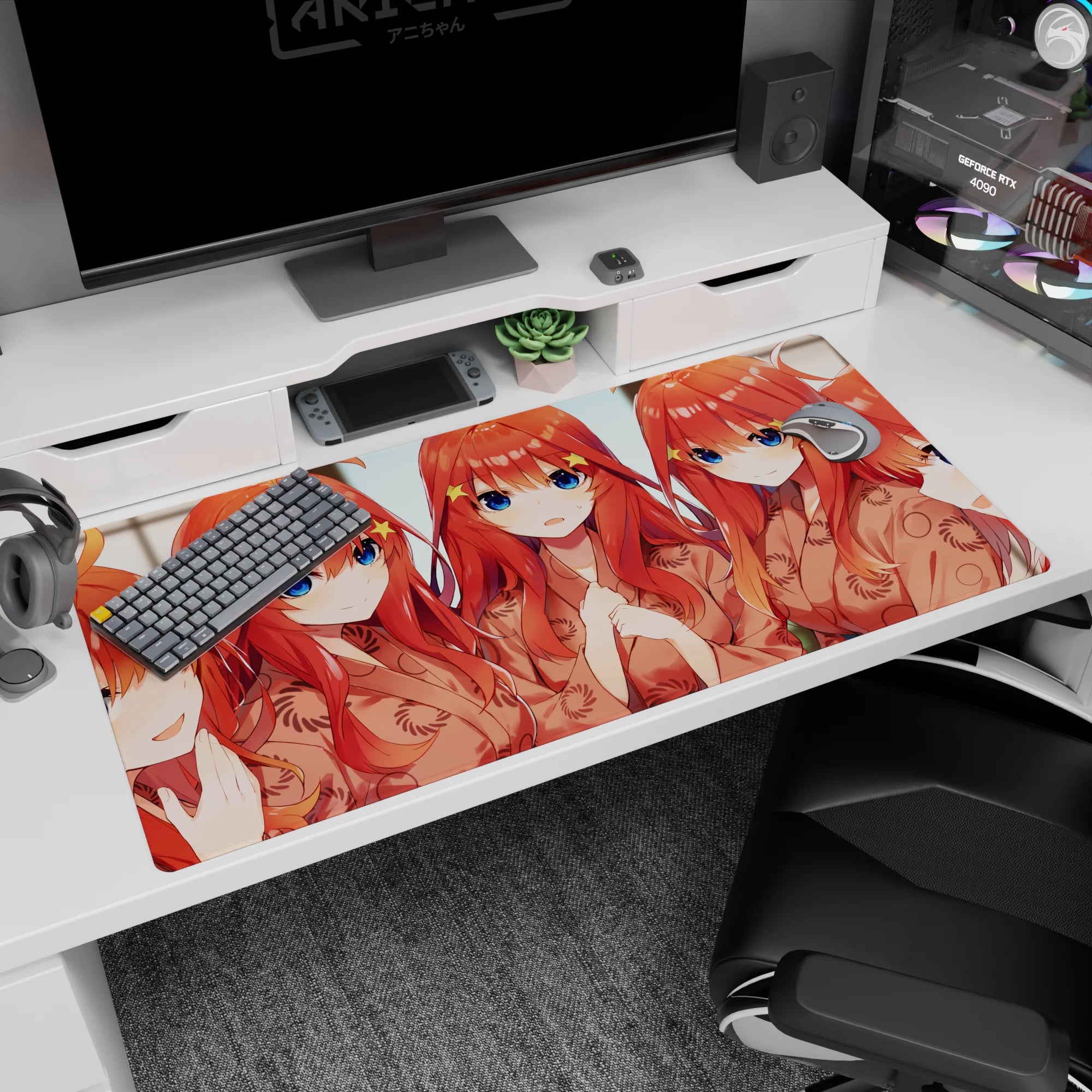 Anime girl desk pad 40x20 inches showing five chibi redheads in peach kimono, cheering you on up close.