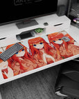 Anime girl desk pad 40x20 inches showing five chibi redheads in peach kimono, cheering you on up close.