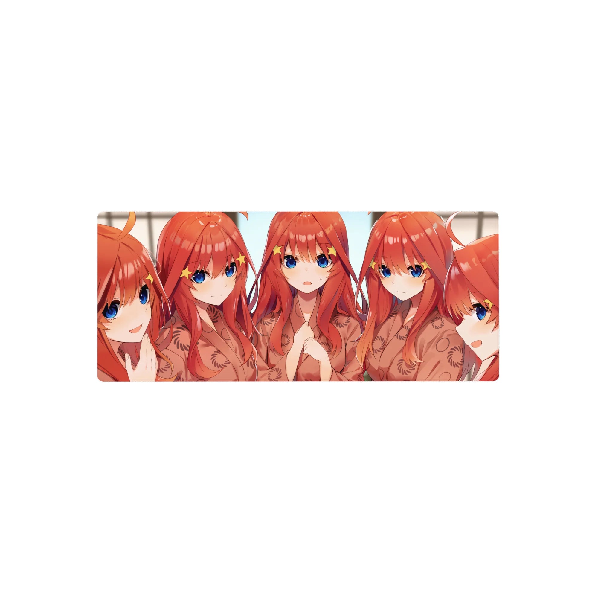 28x12 inches anime girl mouse pad with five red-haired girls, big blue eyes, kimono robes, star clips.