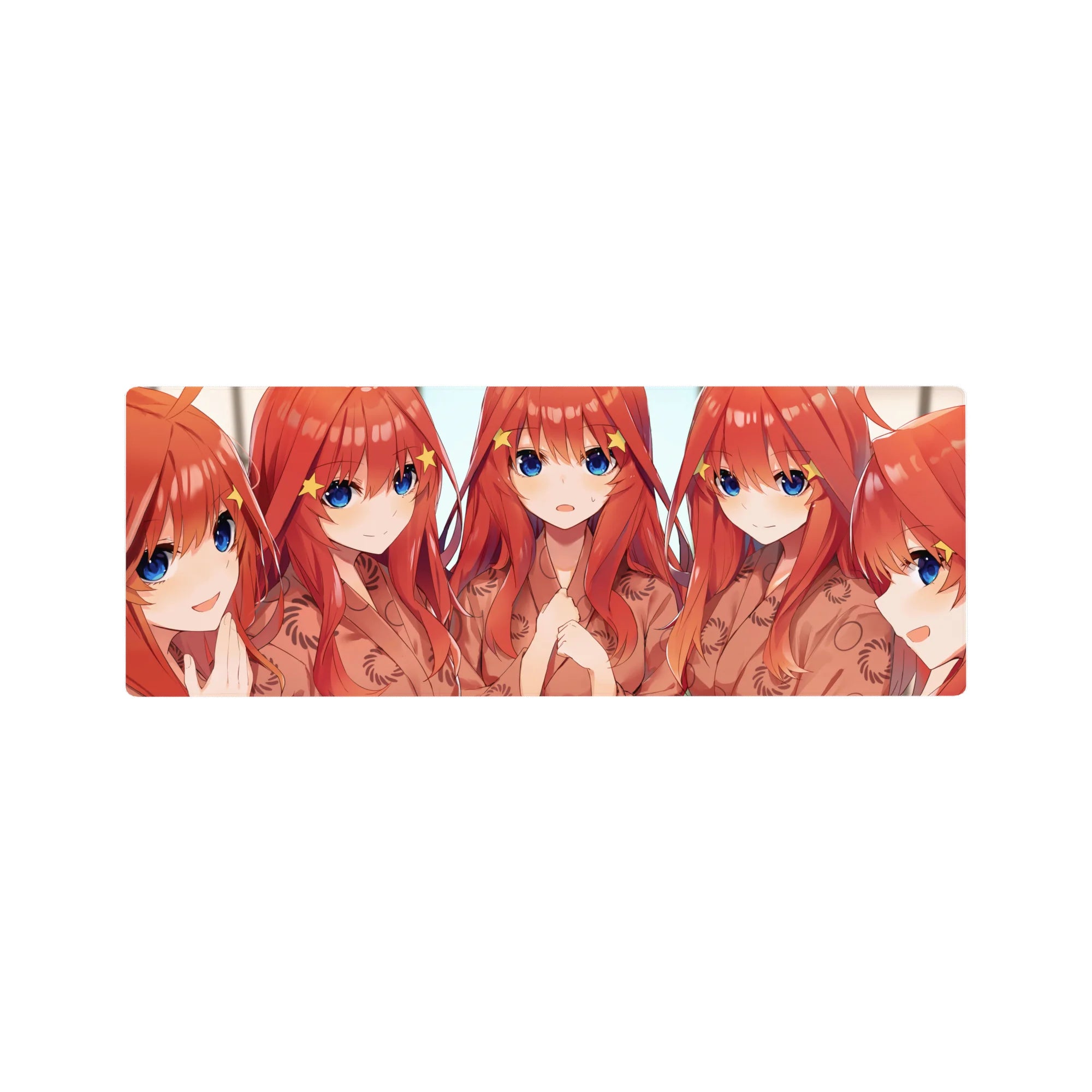 32x12 inches anime girl mouse pad with five red-haired girls, big blue eyes, star clips, peach kimonos.