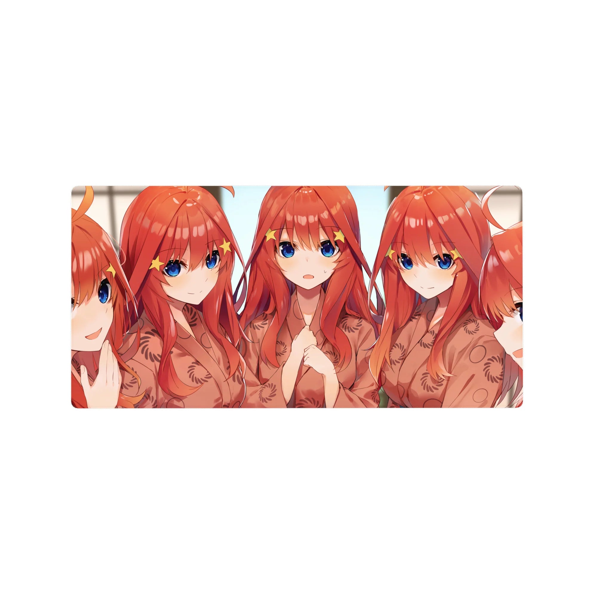Anime girl mouse pad 32x16 inches featuring five red-haired chibi girls with big blue eyes in kimono robes.