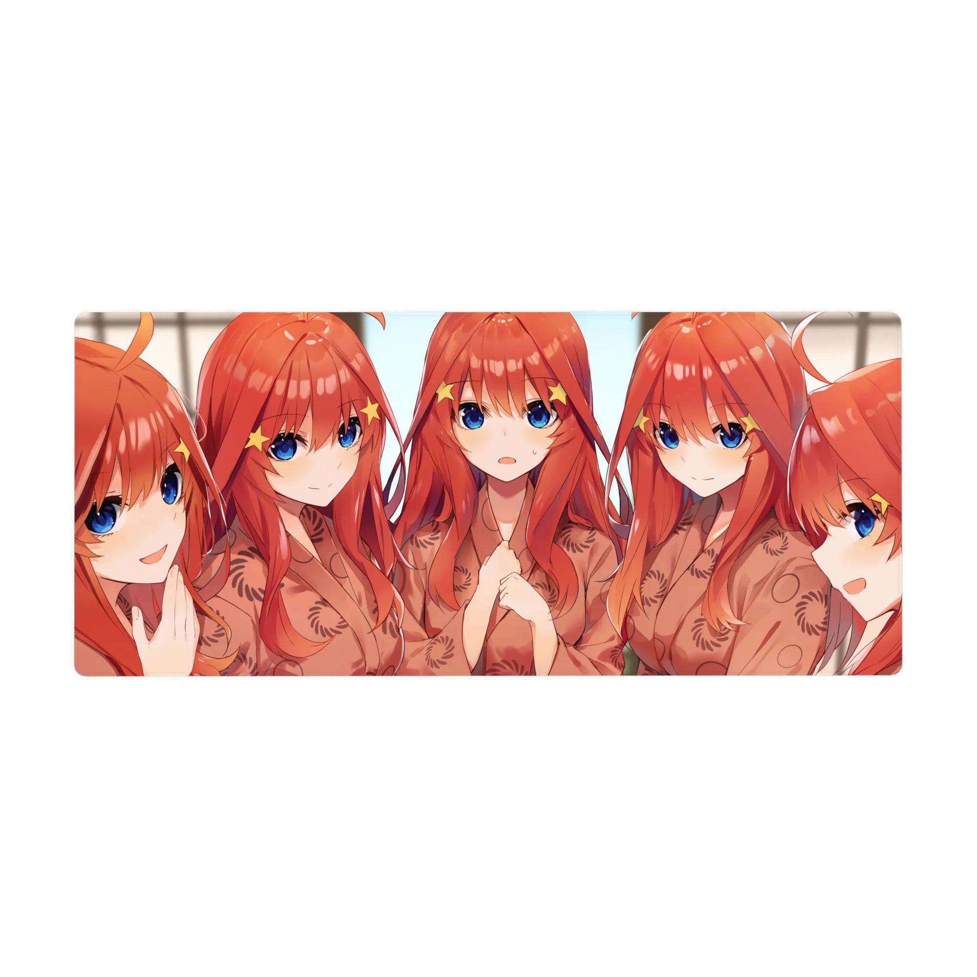 Anime girl desk pad 36x16 inches with five red-haired girls, star hair clips, and peach kimono robes.