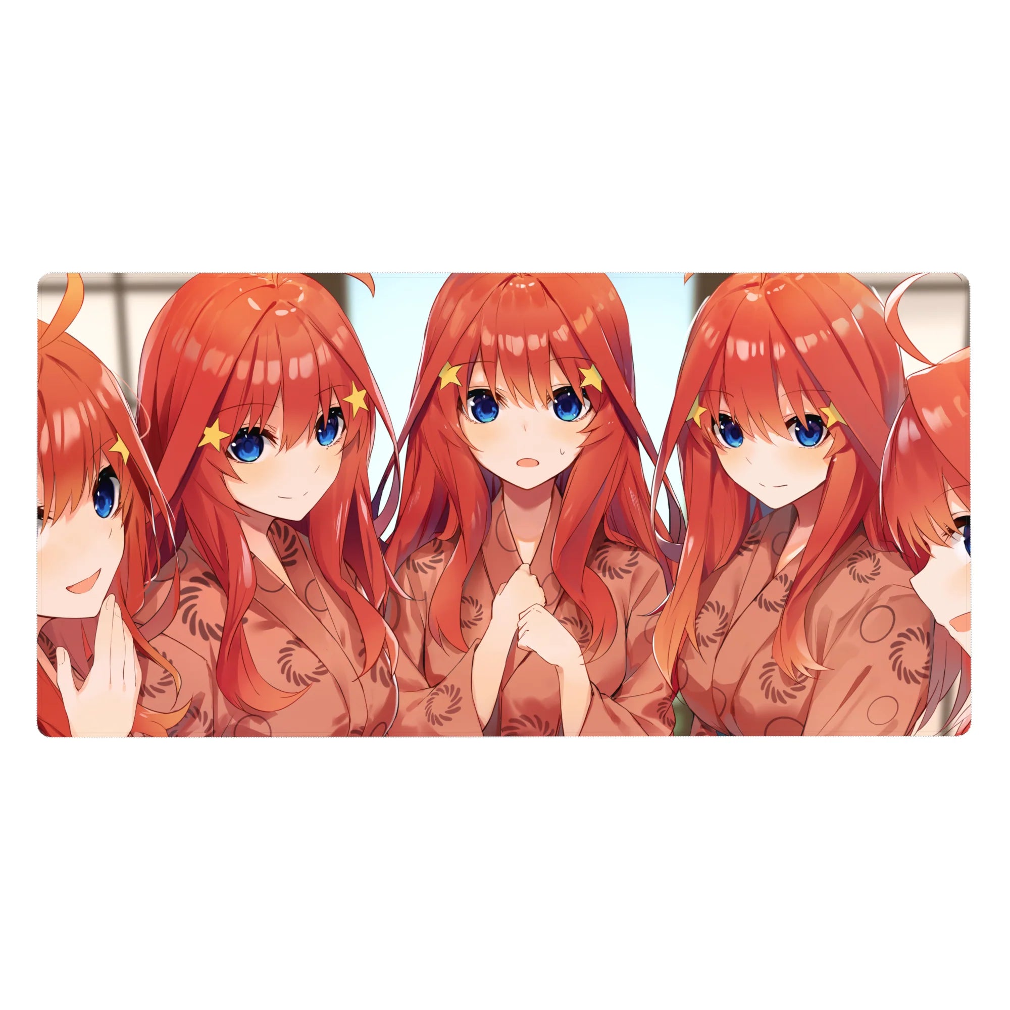 Anime girl desk pad 40x20 inches with five red-haired girls, star clips, peach kimono robes, big blue eyes.