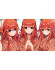 Anime girl desk pad 40x20 inches with five red-haired girls, star clips, peach kimono robes, big blue eyes.