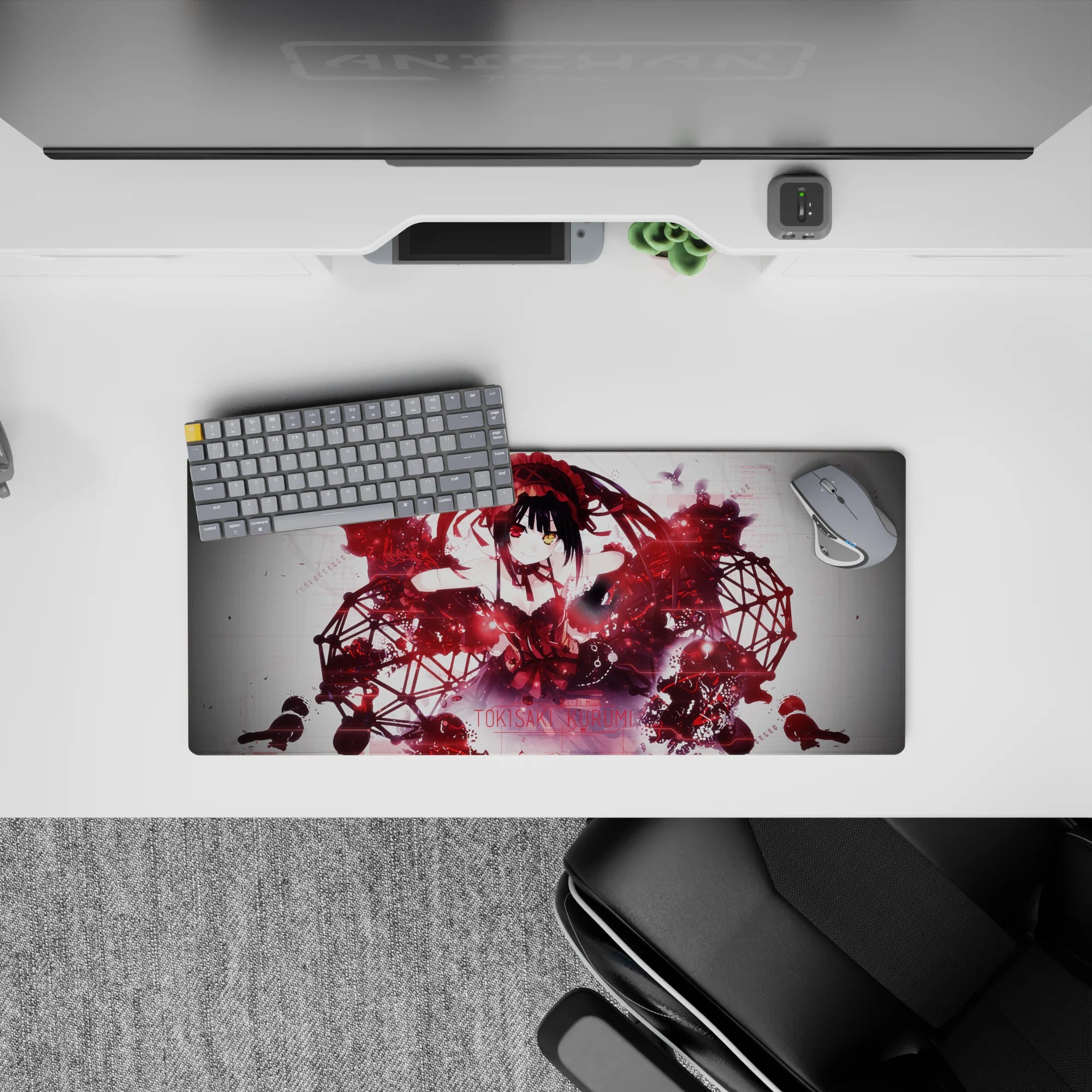 28x12 inches red-and-black desk mat with dark romantic mood, sparks, shadows, and cute gothic style.