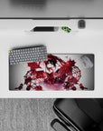 28x12 inches red-and-black desk mat with dark romantic mood, sparks, shadows, and cute gothic style.
