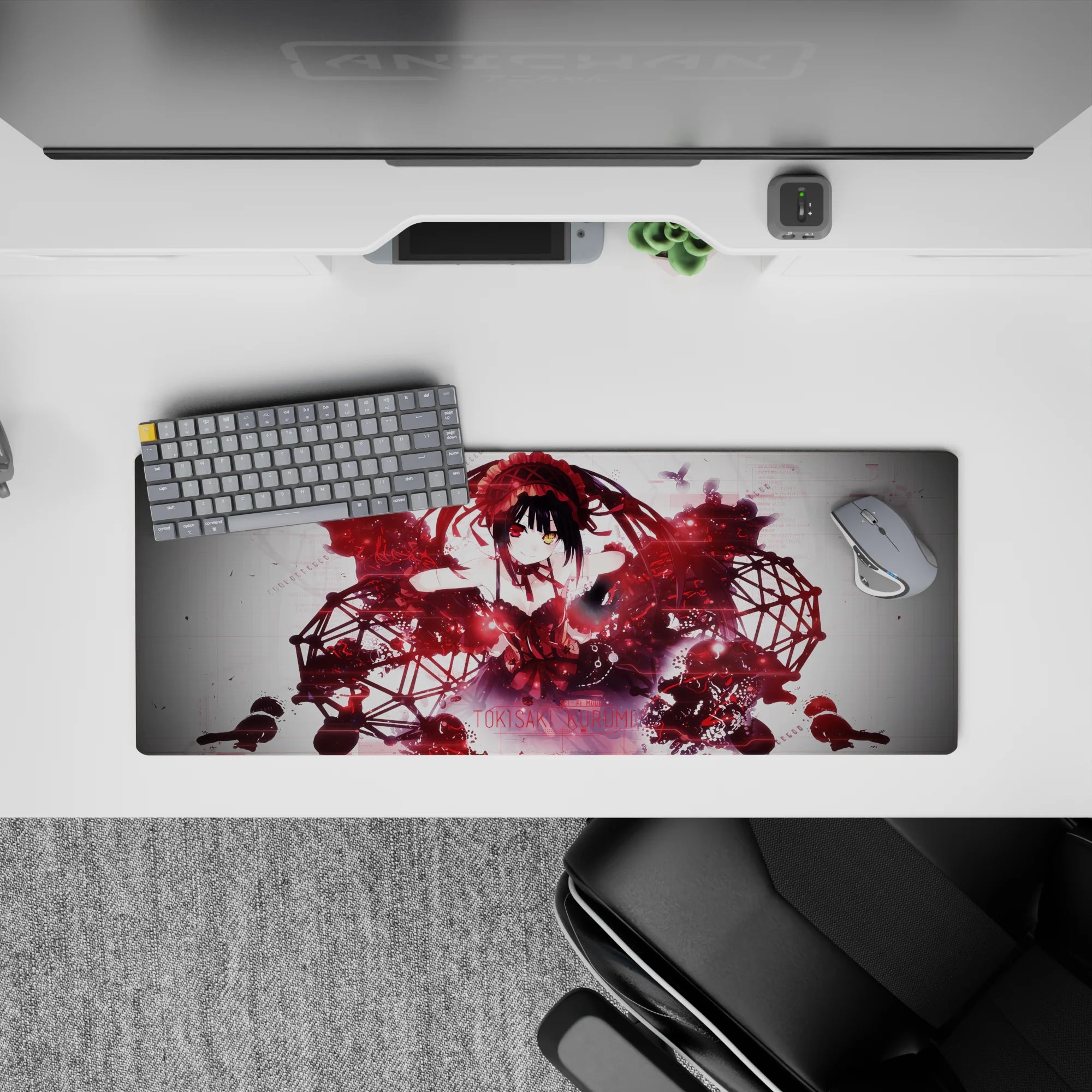 32x12 inches red and black anime desk mouse pad with moody midnight vibe, sparks, shadows, and sleek lines.