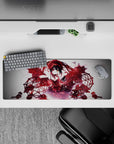 32x12 inches red and black anime desk mouse pad with moody midnight vibe, sparks, shadows, and sleek lines.