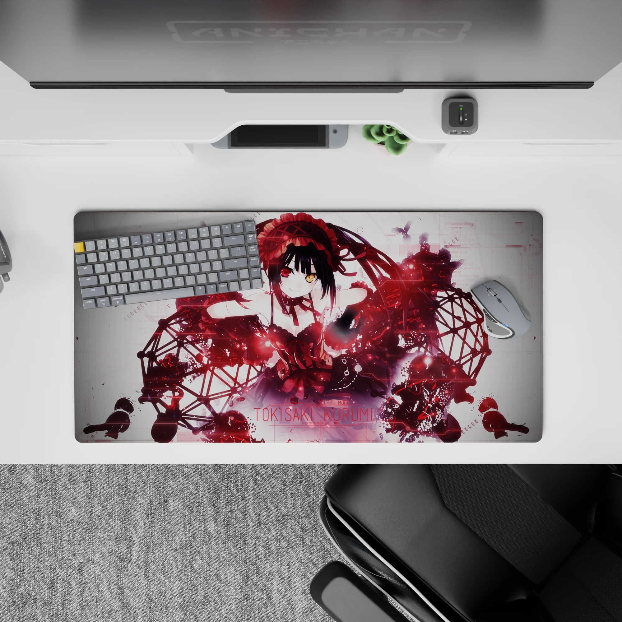 32x16 inches desk mouse pad in deep red and black, sweet-danger vibe with sparks, shadows, and midnight energy.