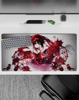 32x16 inches desk mouse pad in deep red and black, sweet-danger vibe with sparks, shadows, and midnight energy.