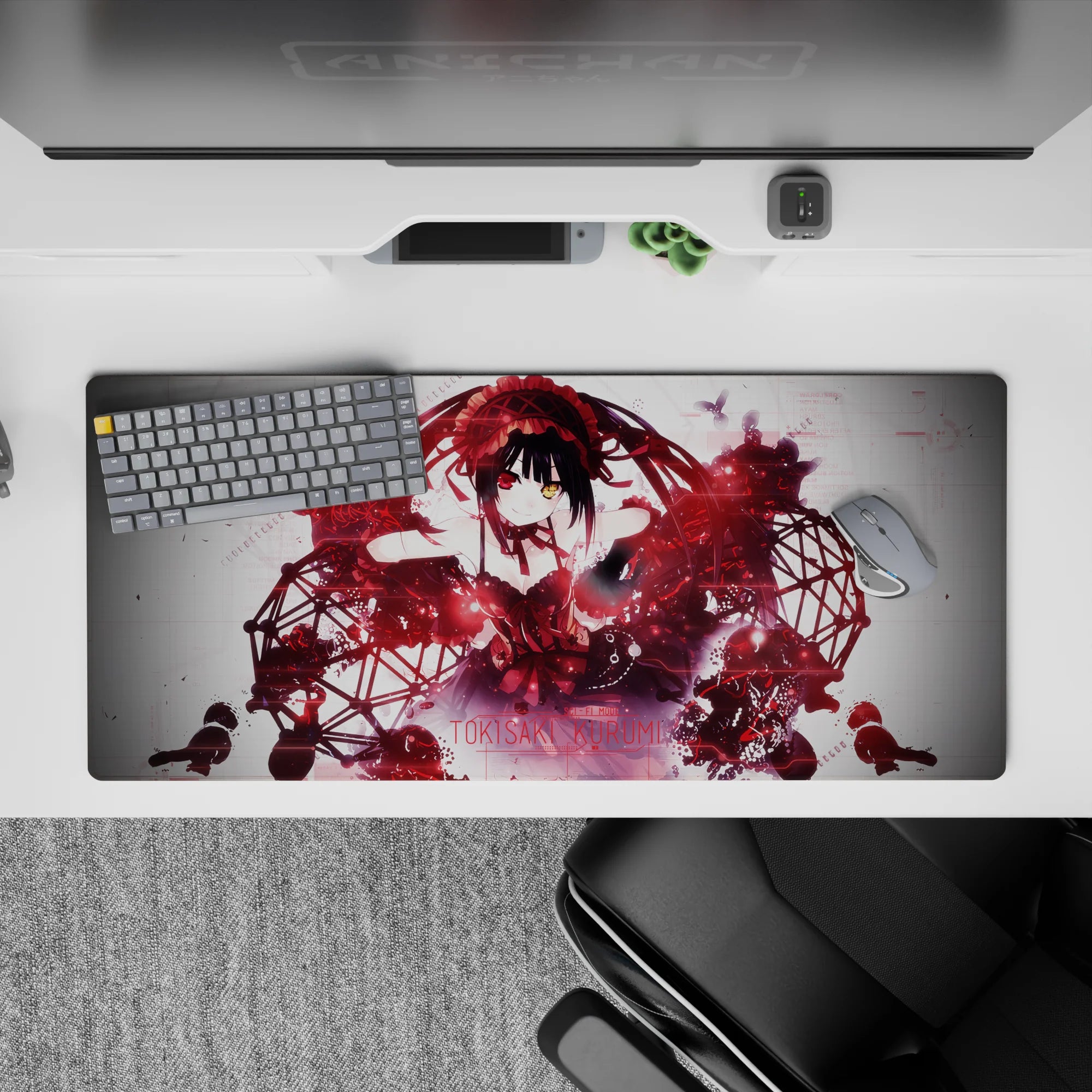 36x16 inches anime girl mouse pad in deep red and black, midnight mood with sparks and shadowy swirls.