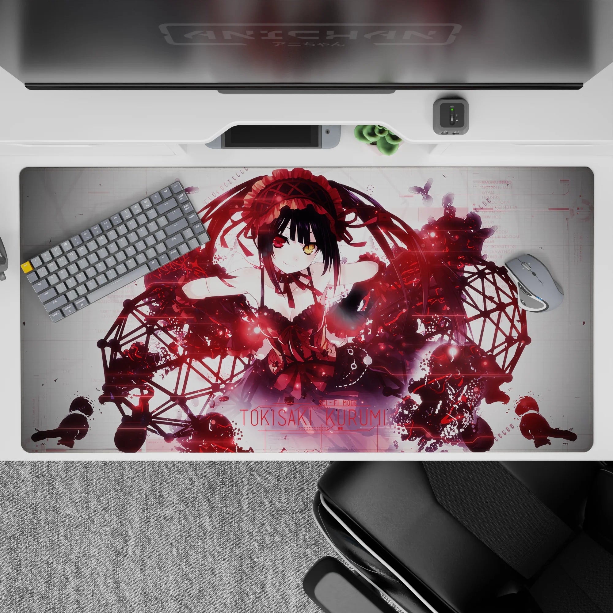 40x20 inches red and black desk pad with crimson sparks, shadowy swirls, dramatic cute midnight vibe.