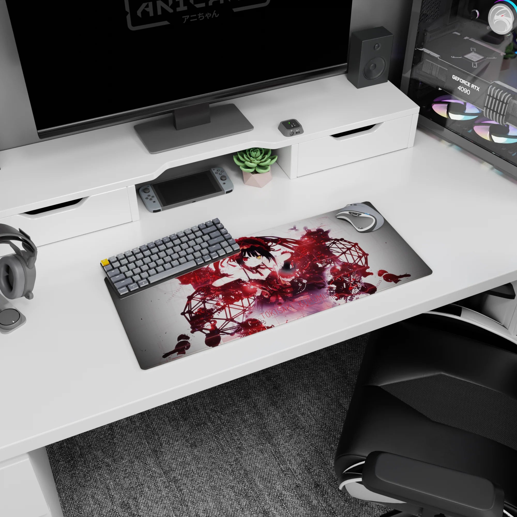 28x12 inches Date A Live Tokisaki Kurumi mouse pad, twin tails and sweet-danger smile in midnight scene.