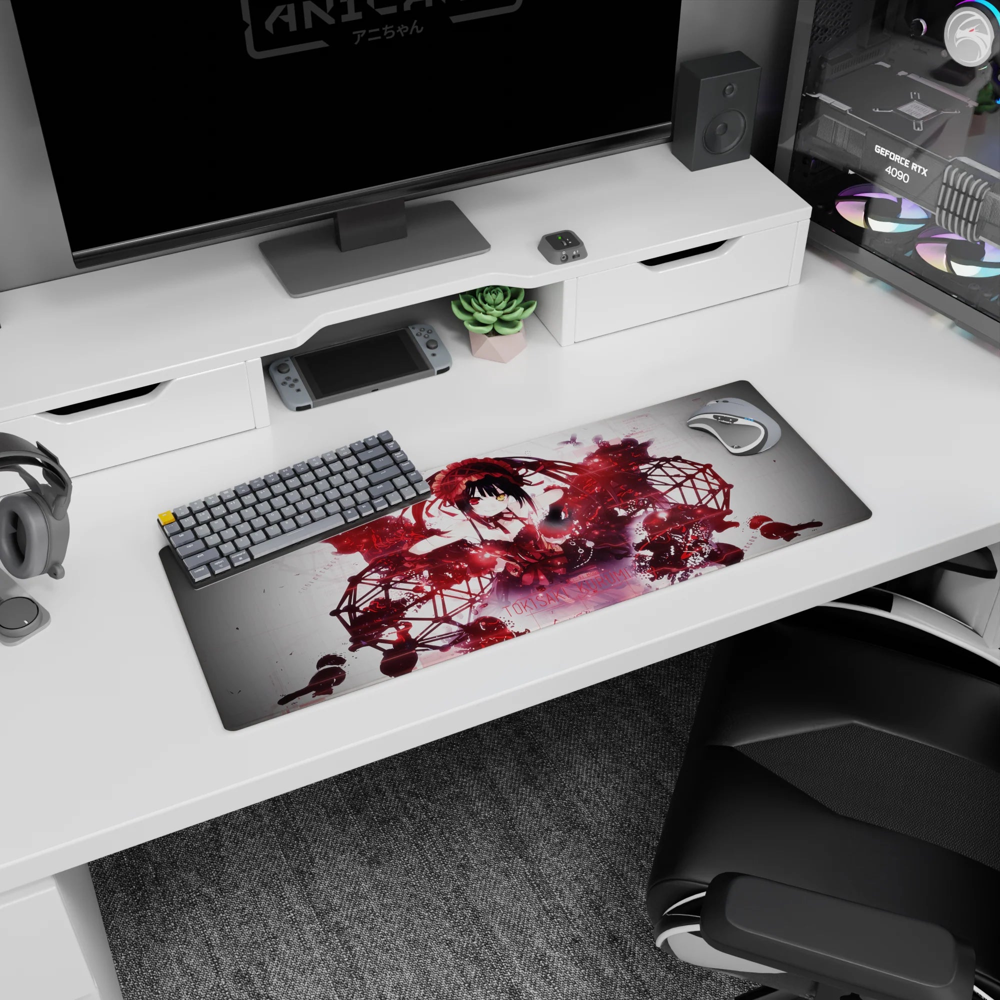 32x12 inches Date A Live Tokisaki Kurumi mouse pad, sweet-danger smile, twin tails, and swirling dress.