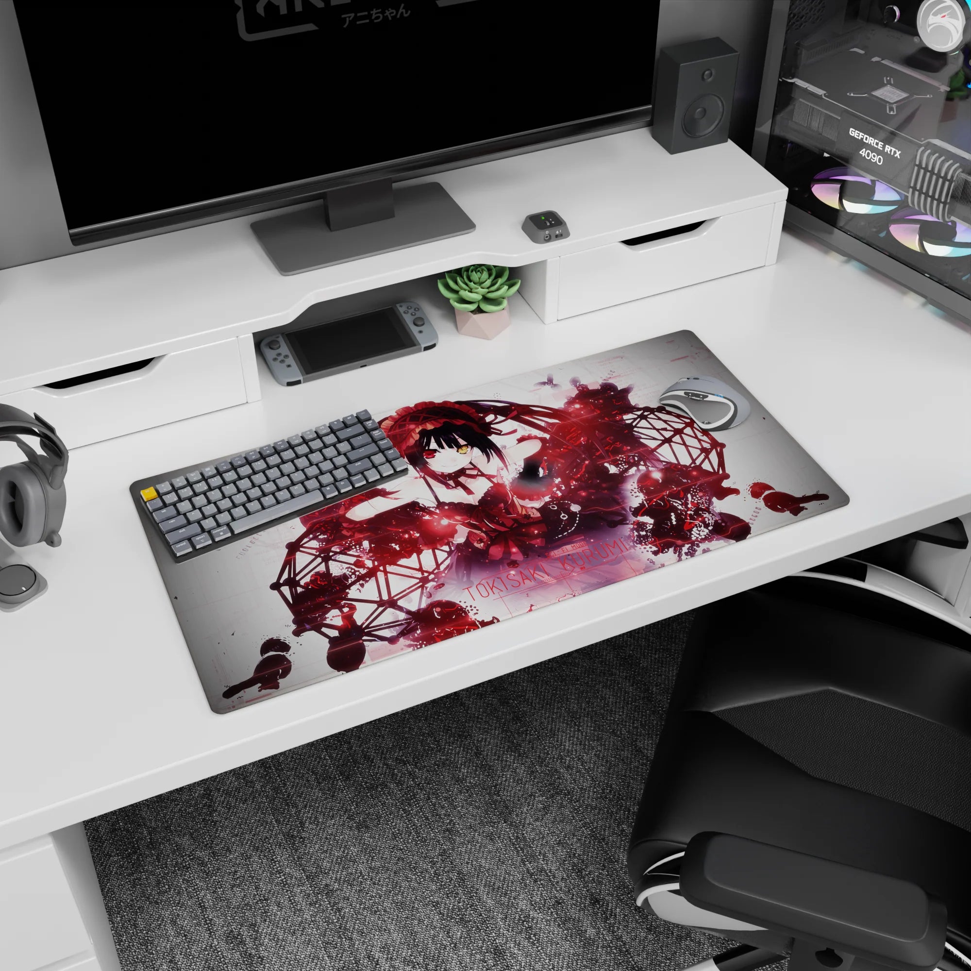 32x16 inches Date A Live Tokisaki Kurumi mouse pad, twin-tails and lace dress amid red sparks and dark swirls.