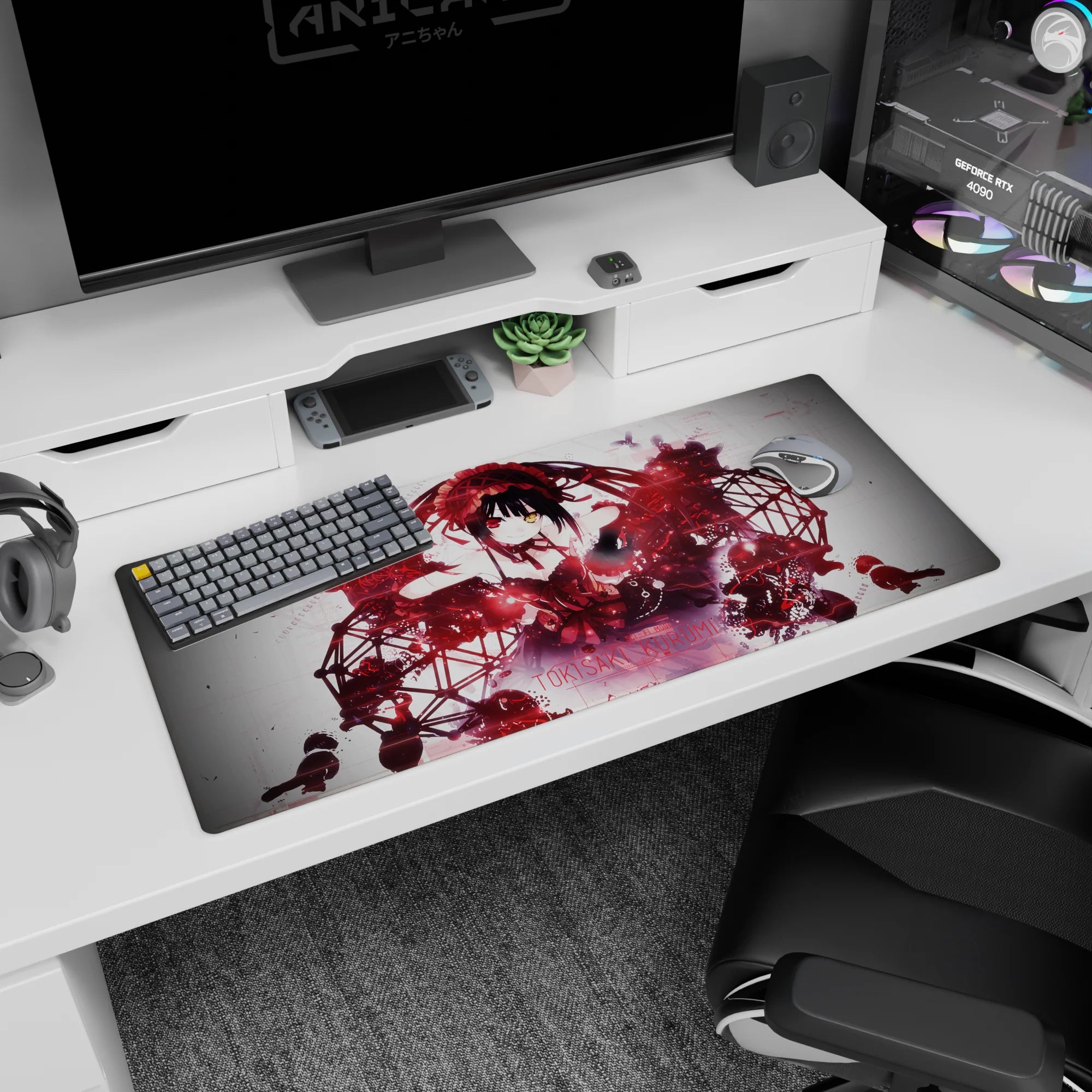 36x16 inches Date A Live Tokisaki Kurumi desk pad, sweet-danger smile amid red sparks and glitch lines.