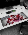 36x16 inches Date A Live Tokisaki Kurumi desk pad, sweet-danger smile amid red sparks and glitch lines.