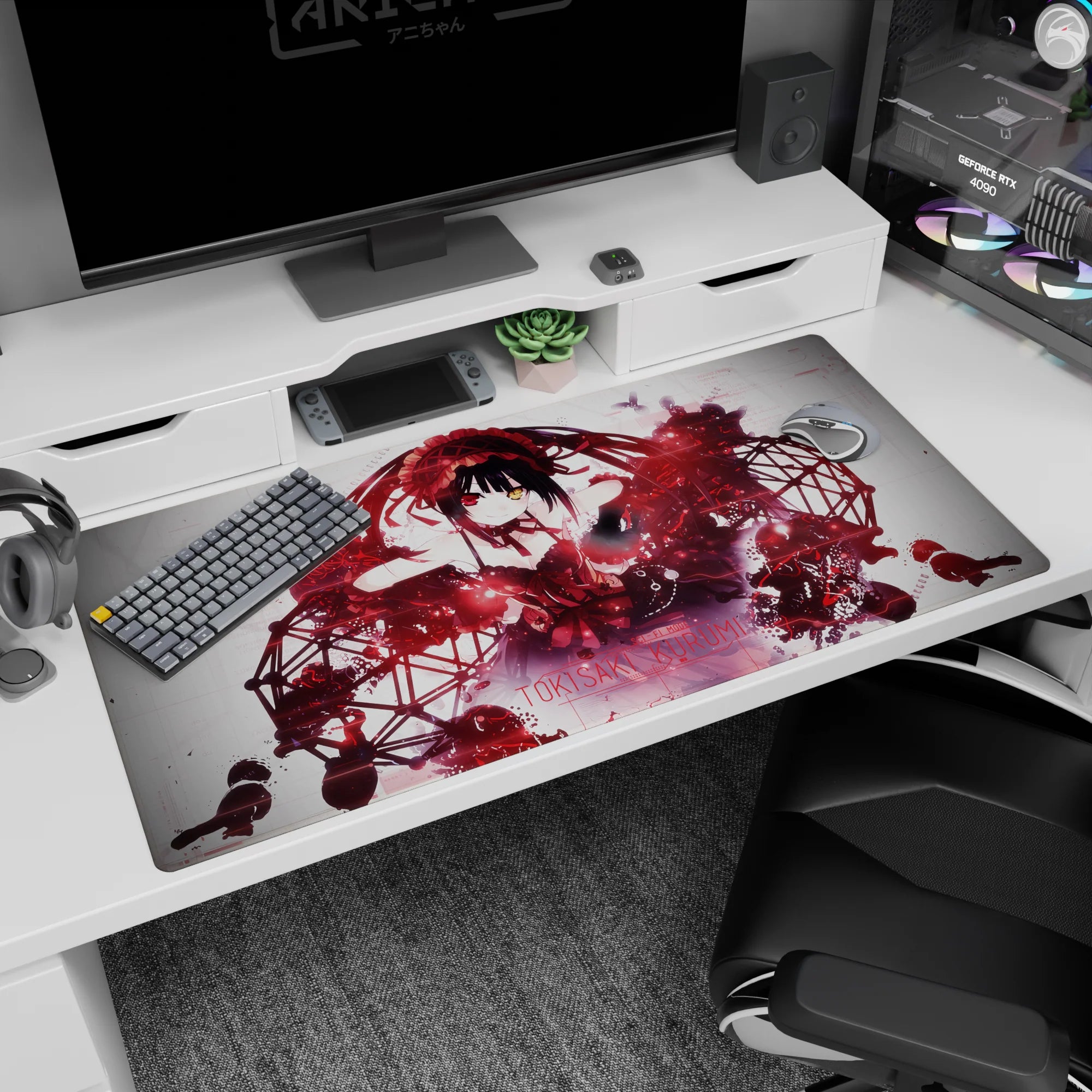 40x20 inches Date A Live desk pad featuring Tokisaki Kurumi smiling, twin tails, ribbons, and lace dress.