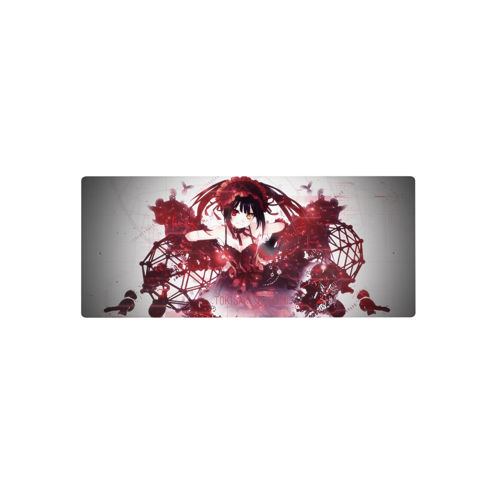28x12 inches anime girl mouse pad with crimson lace, black ribbons, and sci-fi glitch line art.