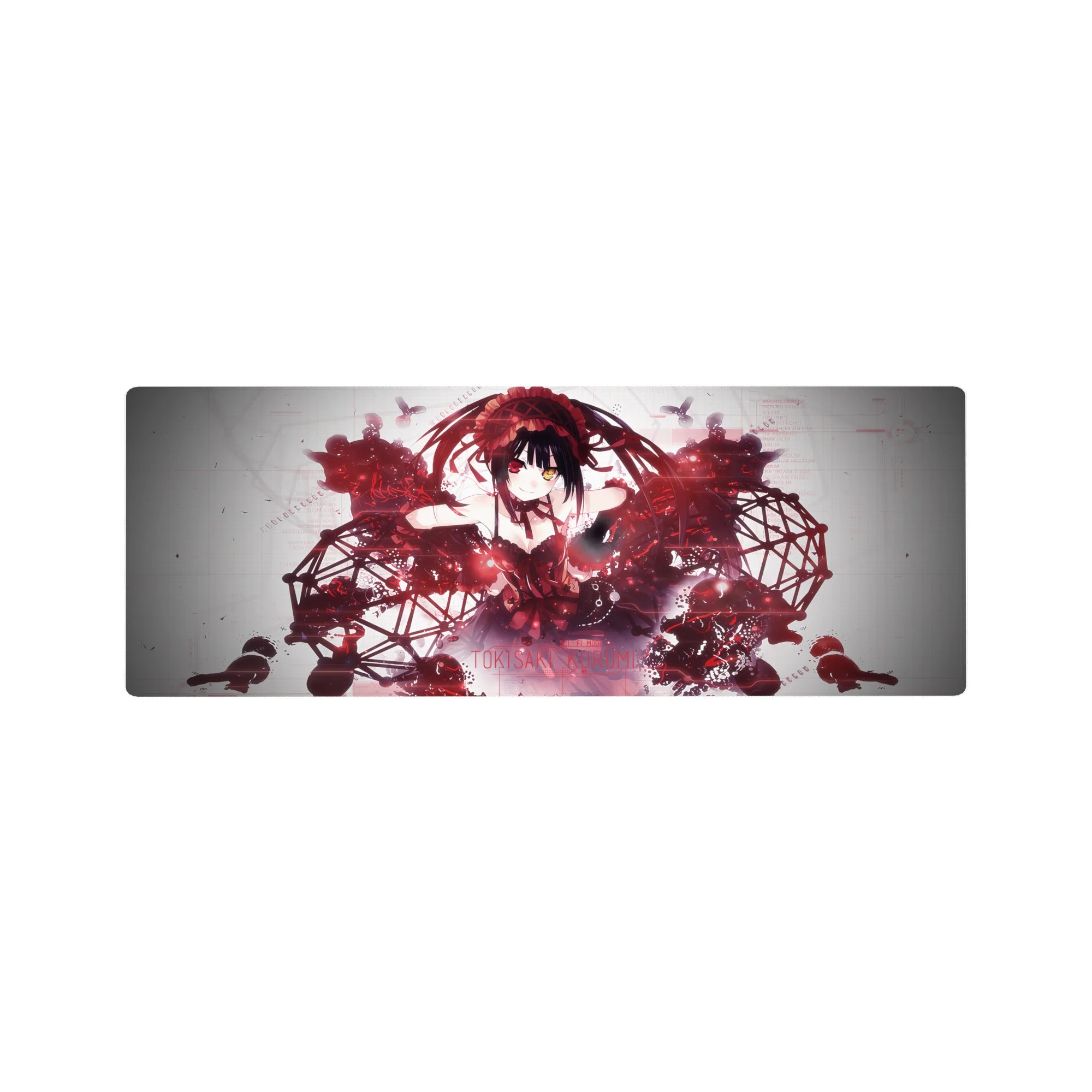 32x12 inches anime girl mouse pad with twin-tail heroine, crimson lace, black ribbons, sci-fi glitch accents.