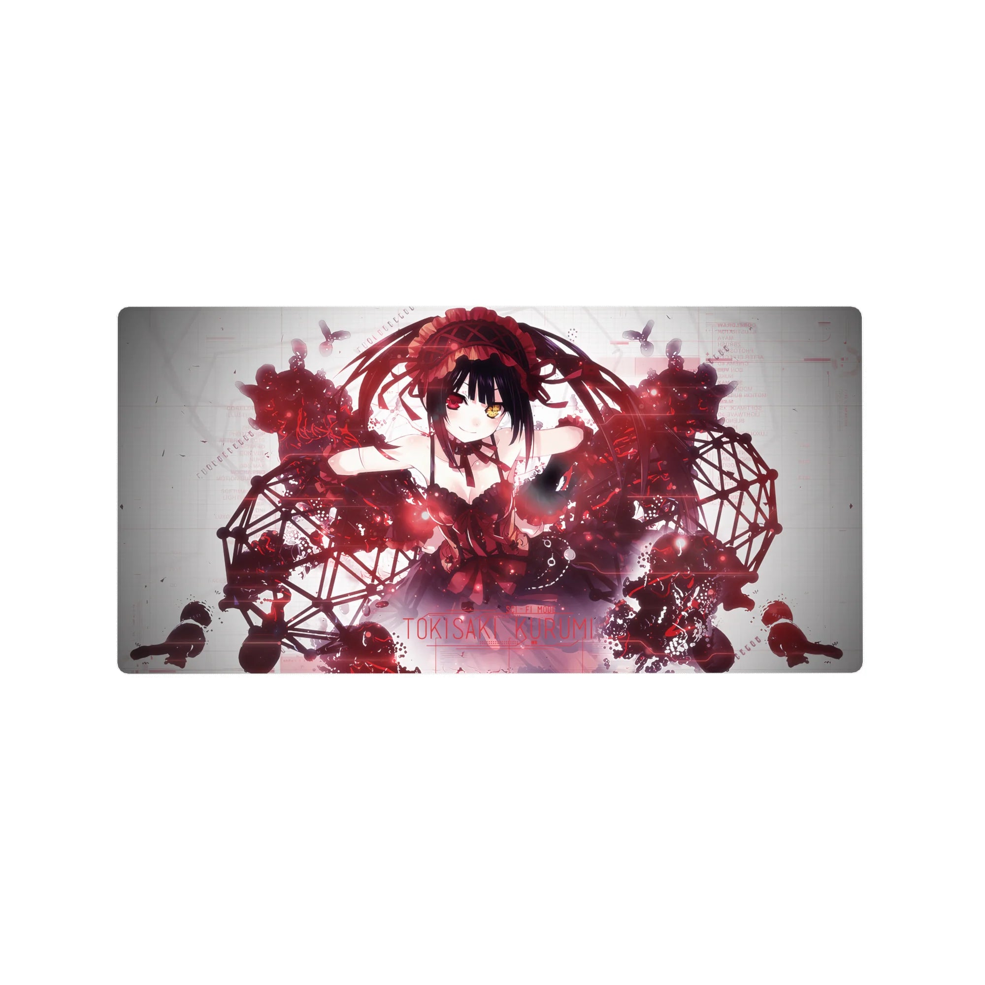 32x16 inches anime girl mouse pad with twin-tail design, crimson lace, black ribbons, and sci-fi glitch lines.
