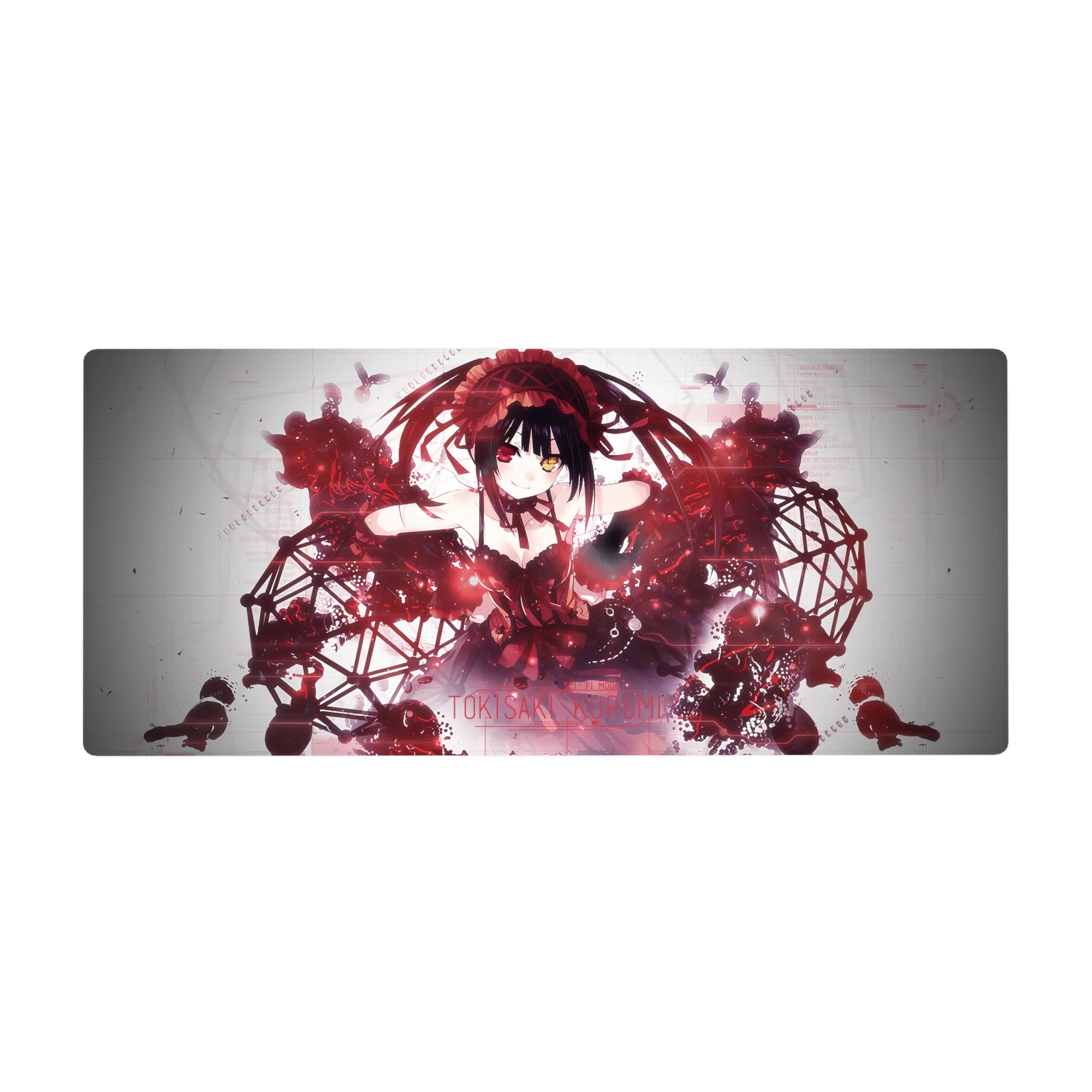 36x16 inches anime girl desk pad with twin-tail heroine, crimson lace, black ribbons, sci-fi glitch art.