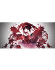36x16 inches anime girl desk pad with twin-tail heroine, crimson lace, black ribbons, sci-fi glitch art.