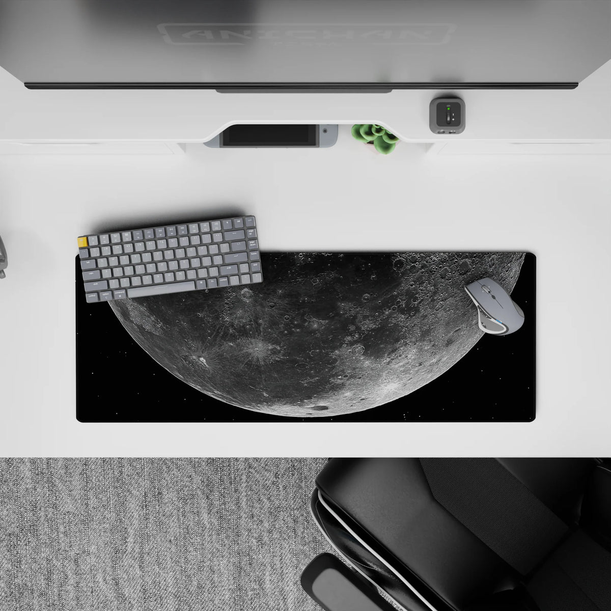 Deep black and dusty gray 32x12 inches mouse pad with soft silvery glow for a calm night-sky vibe.