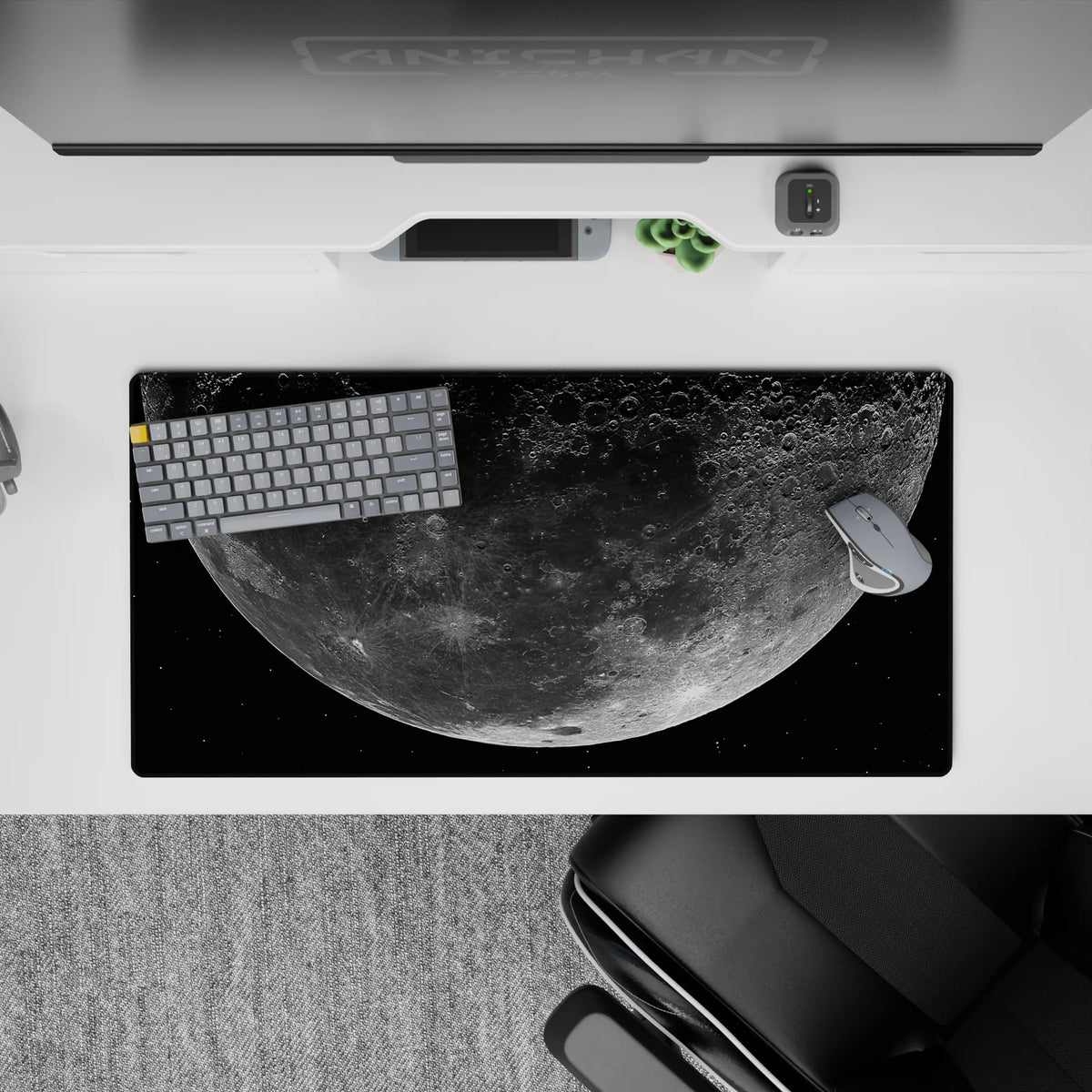 Deep black and dusty gray moon mouse pad, 32x16 inches, calm night-sky mood with soft glow.