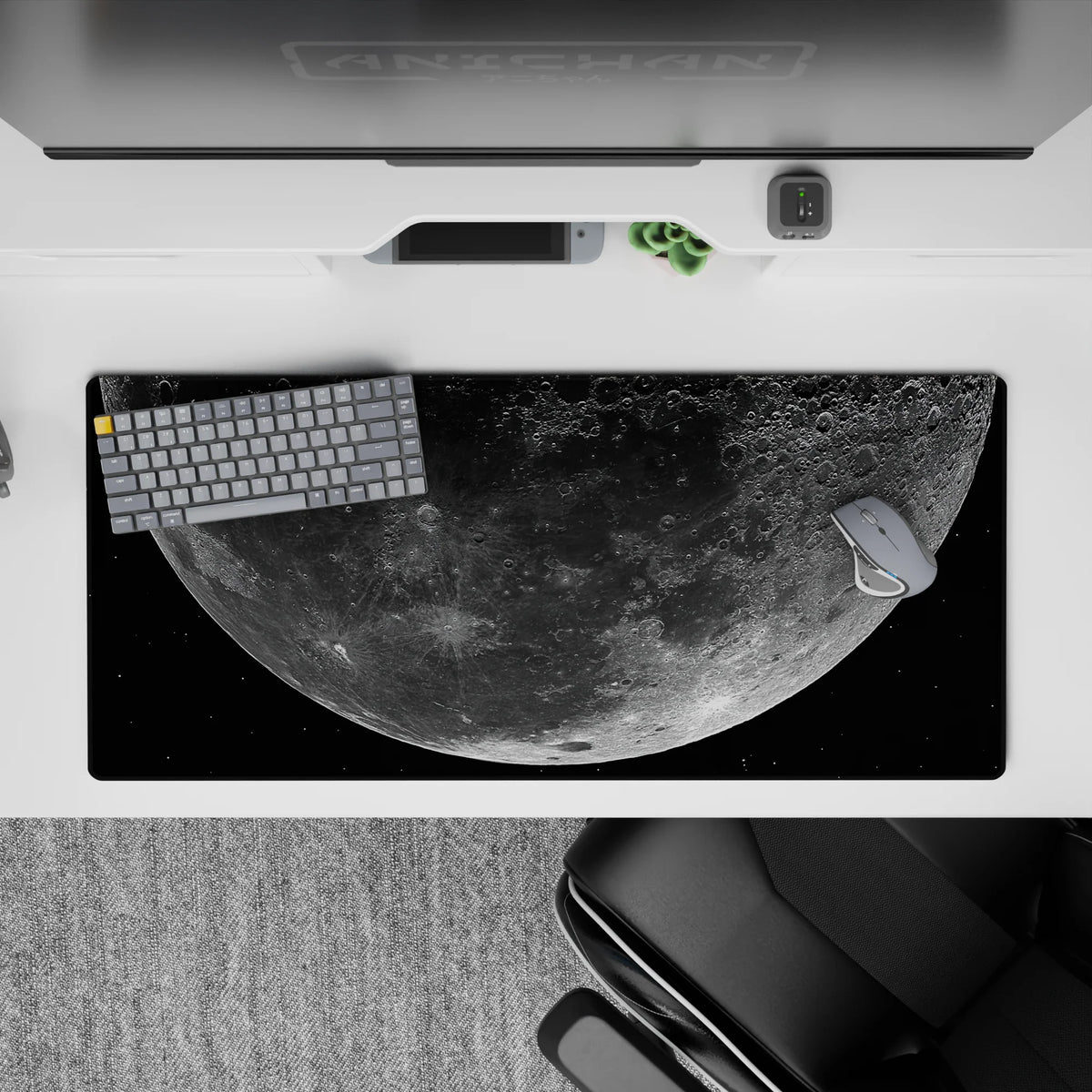 Deep black and dusty gray desk pad 36x16 inches with soft silvery glow and calm night-sky mood.