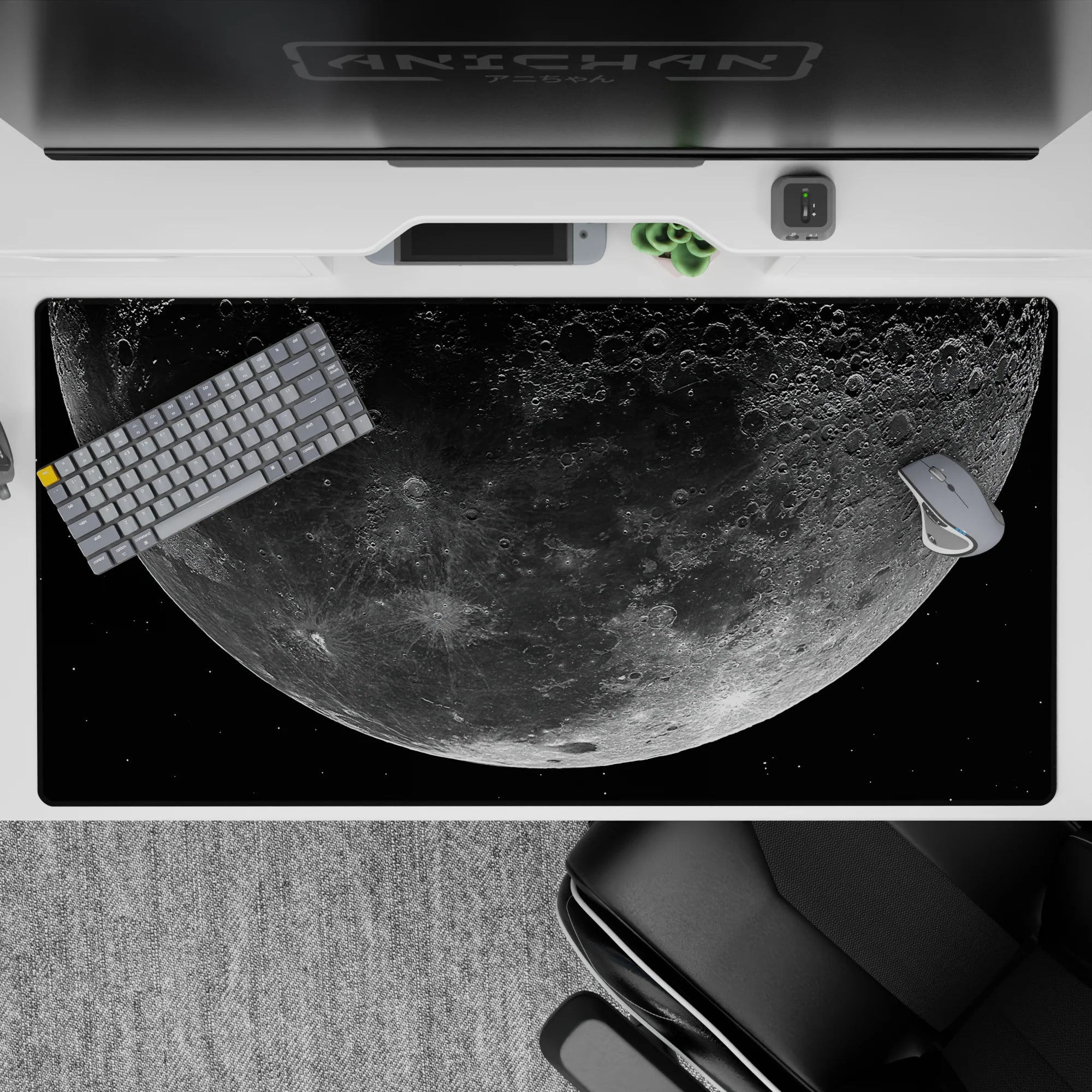 Deep black space desk pad 40x20 inches in dusty gray tones with a soft silvery, cozy glow.