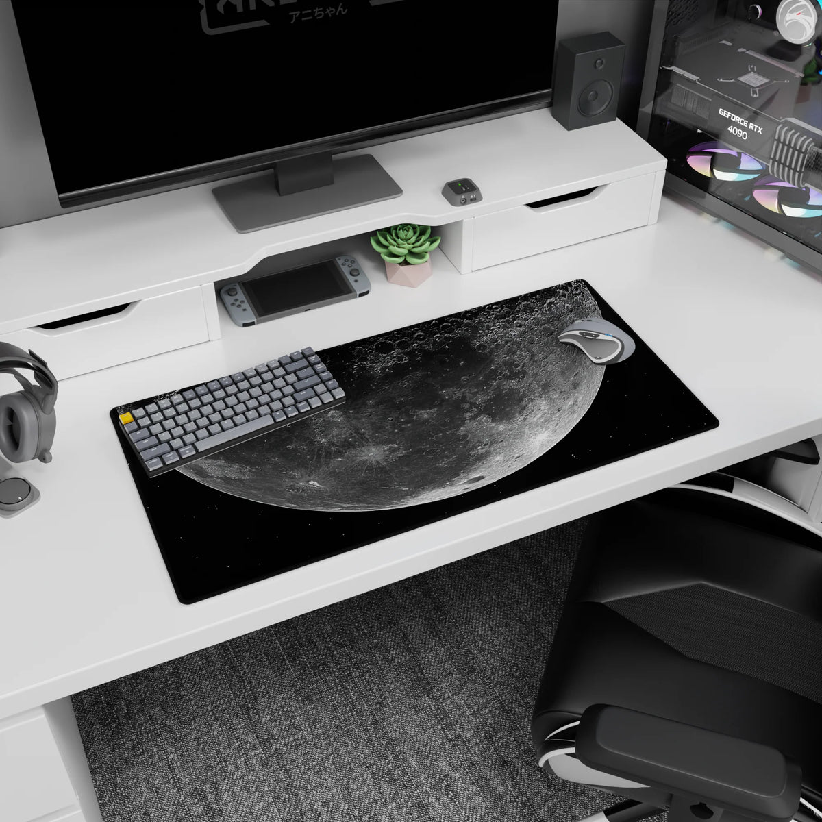 Craters and silvery moon floating above speckled stars mouse pad, 32x16 inches, roomy desk mat.