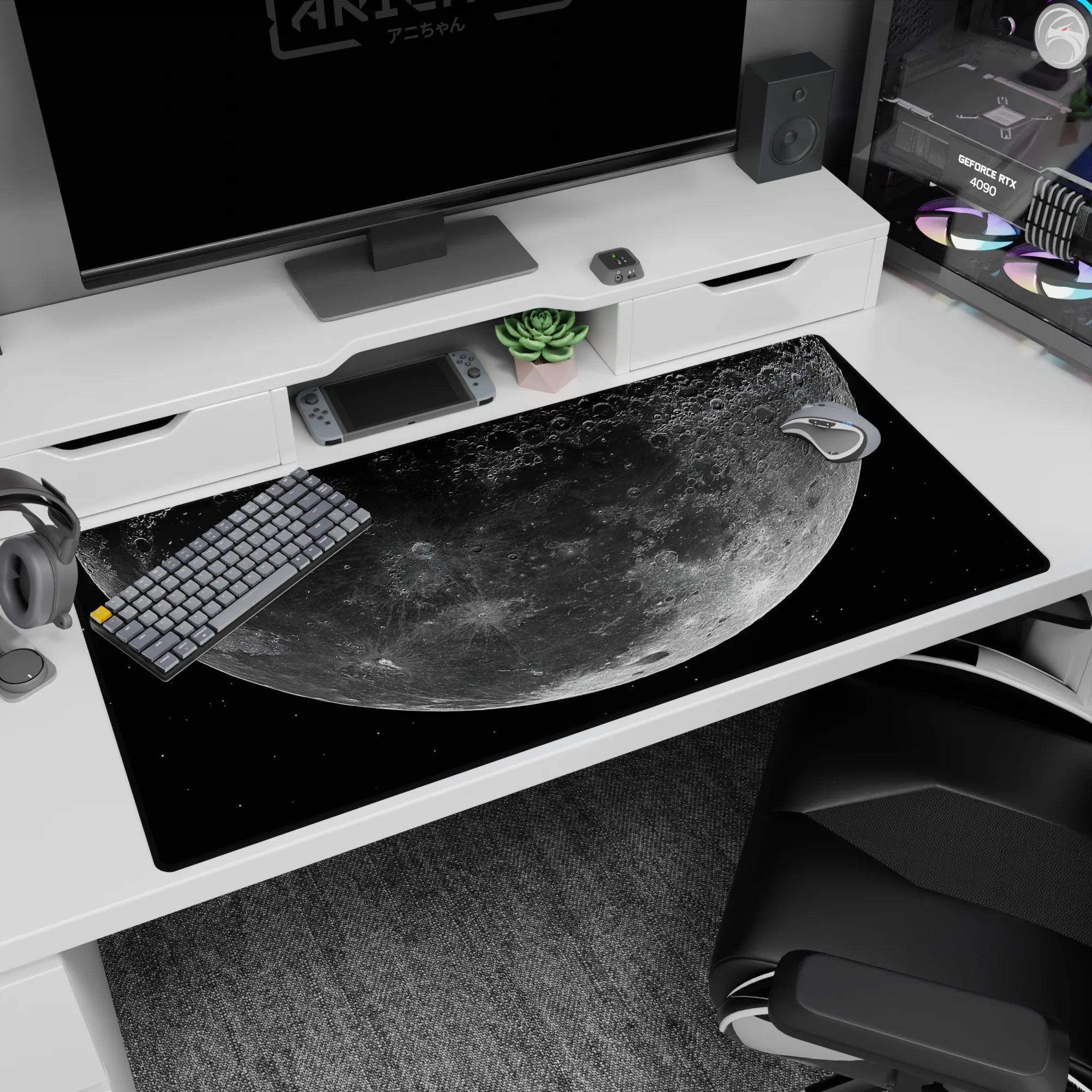 Giant cratered moon over speckled stars desk pad 40x20 inches, like a calm late-night sky.