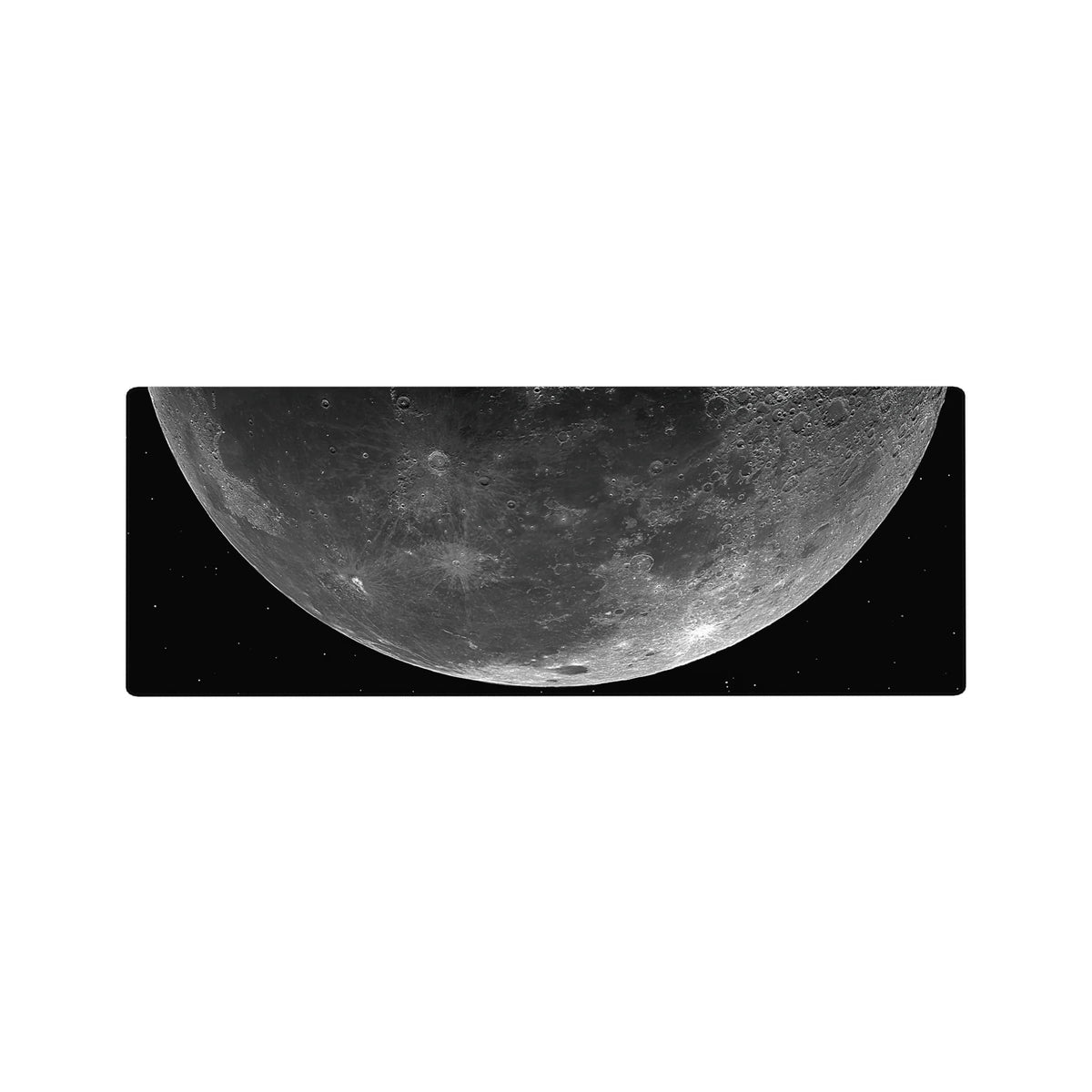 Moon over deep space desk mouse pad 32x12 inches with crater detail and starry minimalist sci-fi look.