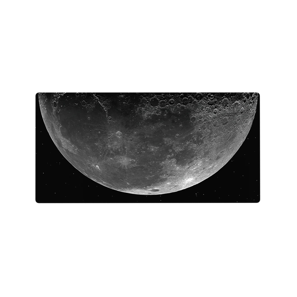 Giant moon over black space desk mouse pad, 32x16 inches, minimalist sci-fi starry design.