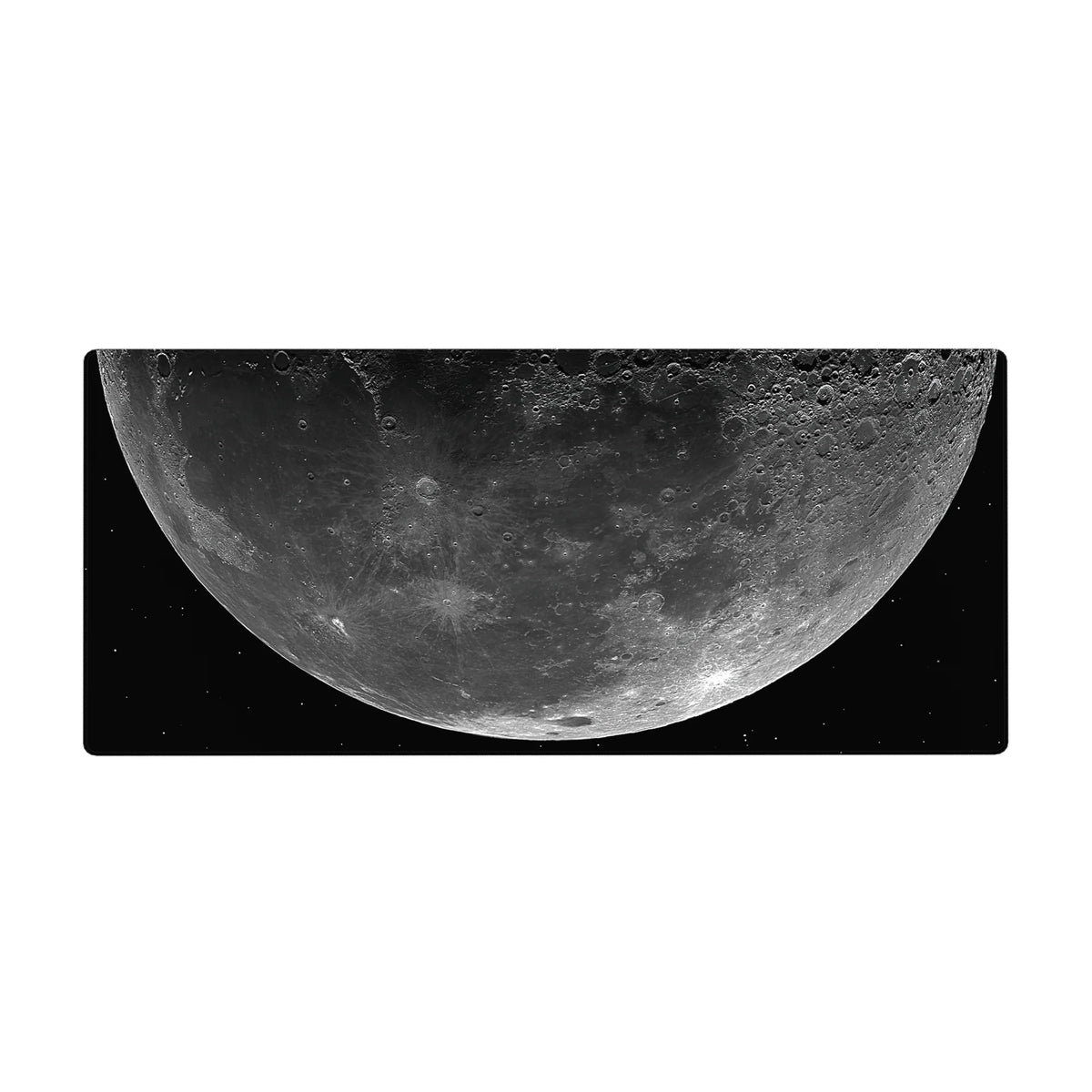 Giant moon over deep space desk pad 36x16 inches with crater detail and scattered stars.
