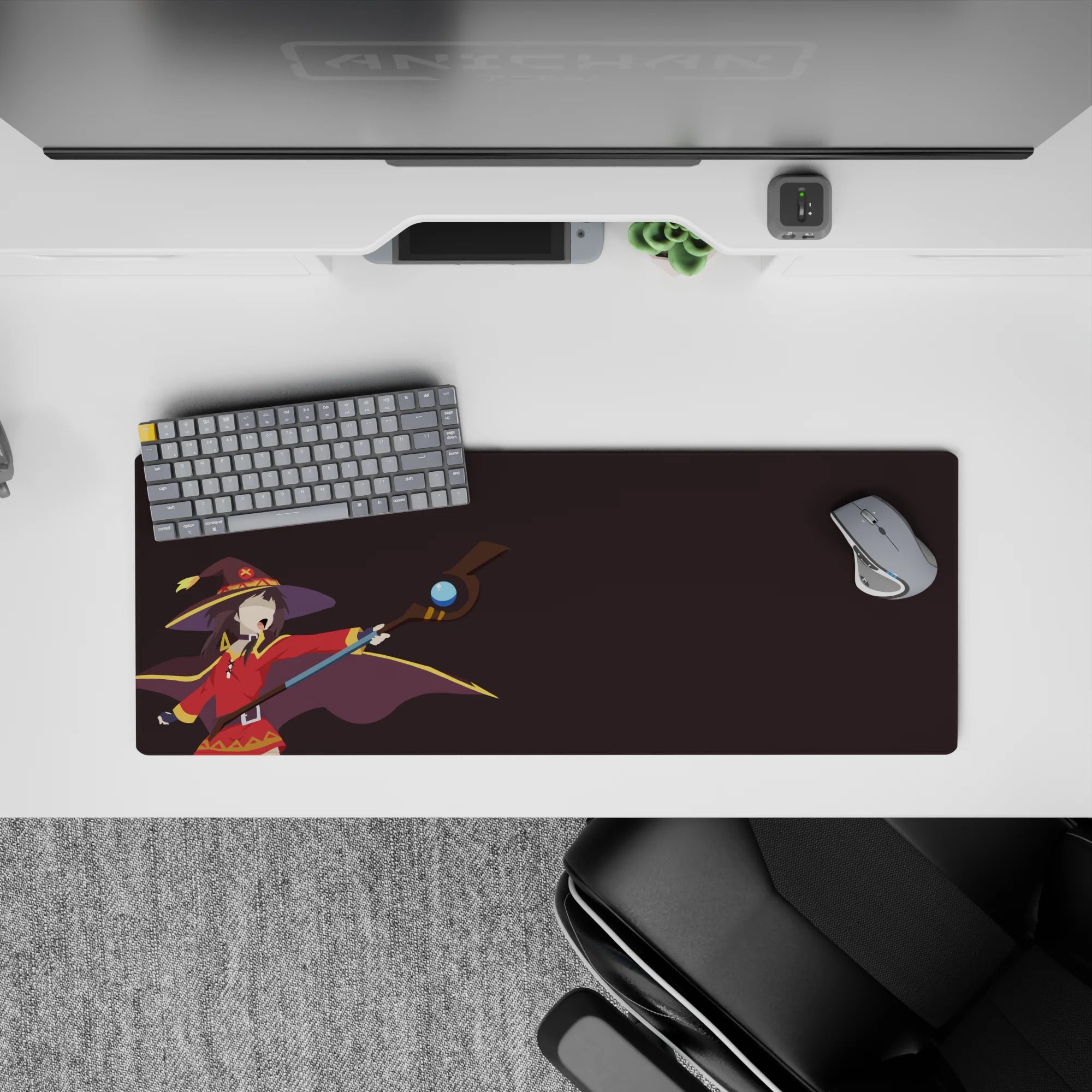 Megumin anime mouse pad 32x12 inches, featuring Konosuba&#39;s explosive mage in a minimalist design with bold colors.