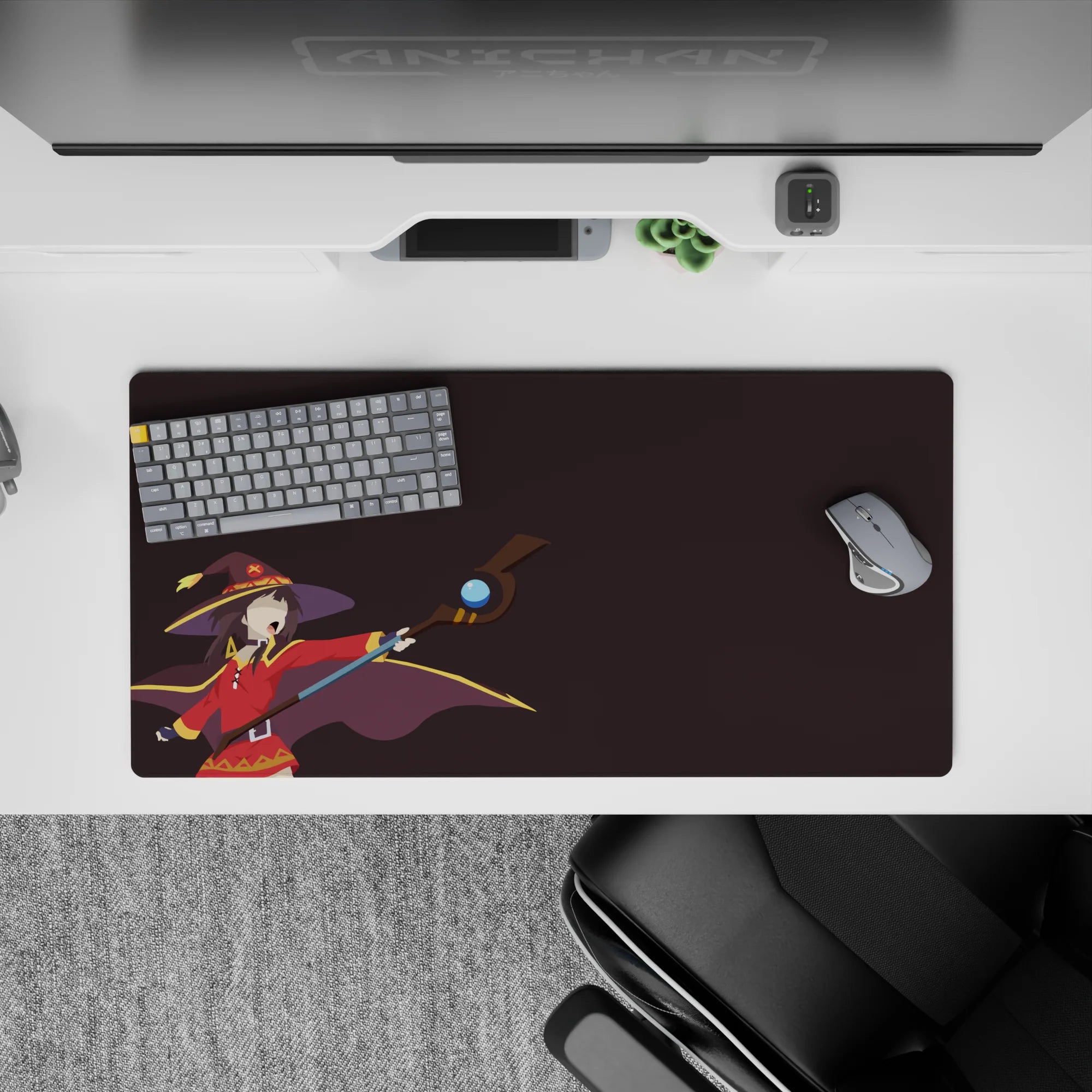 Megumin anime mouse pad, 32x16 inches, from KonoSuba, features her shouting &quot;Explosion!&quot; with bold colors on a plum backdrop.