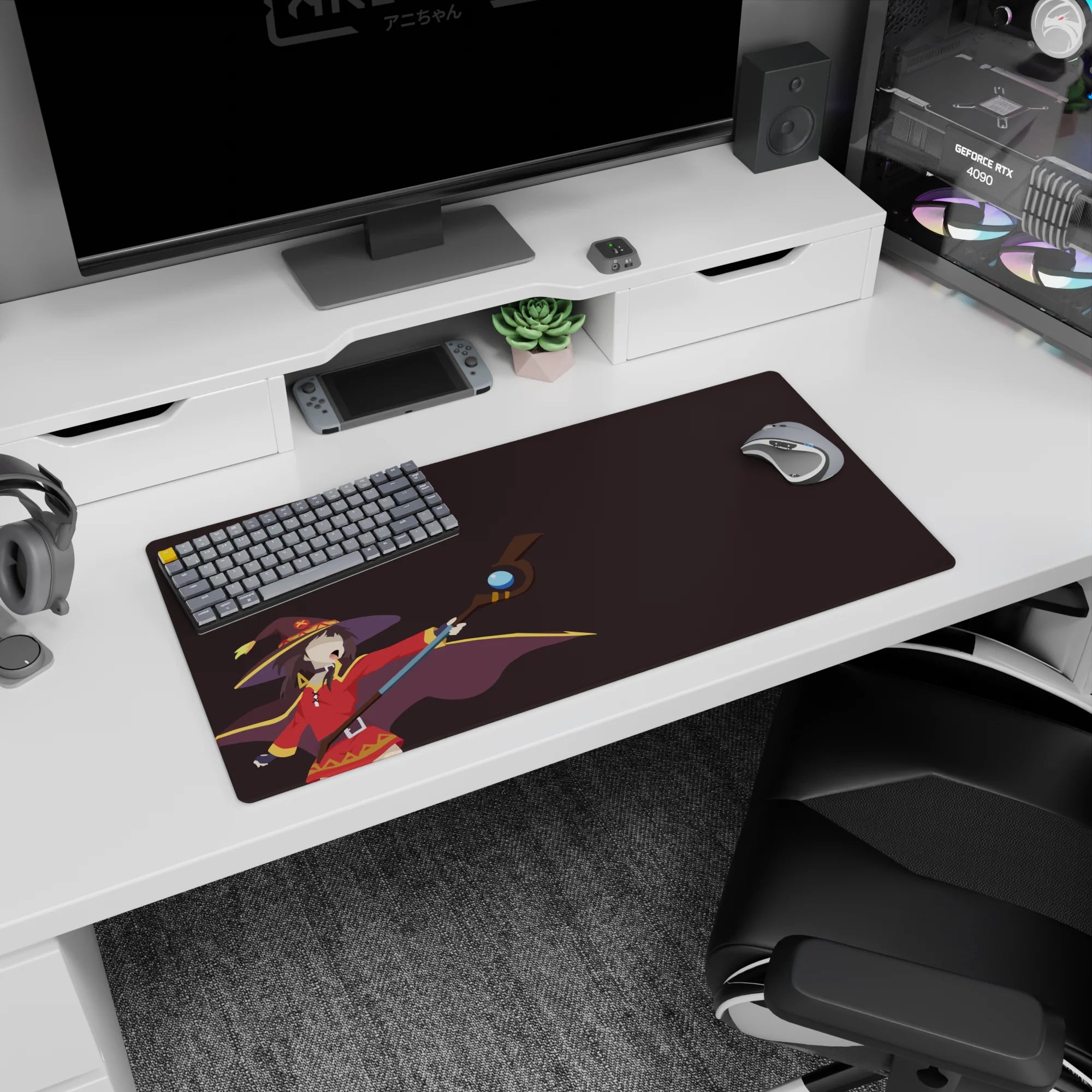 Megumin anime mouse pad, 32x16 inches, from KonoSuba, featuring her in red outfit on a deep plum background, shouting &quot;Explosion!&quot;.