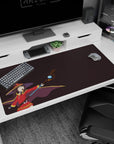 Anime desk pad featuring Megumin from KonoSuba, size 40x20 inches, with a deep plum backdrop and vibrant red outfit.